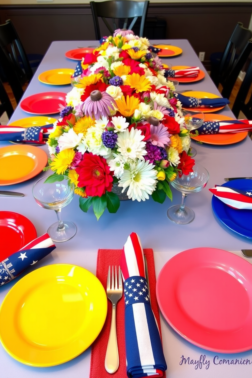 Colorful place settings adorn a beautifully set dining table, featuring vibrant plates and an array of fresh flowers as a centerpiece. Flag napkins are artfully folded and placed beside each plate, adding a festive touch to the Memorial Day celebration.