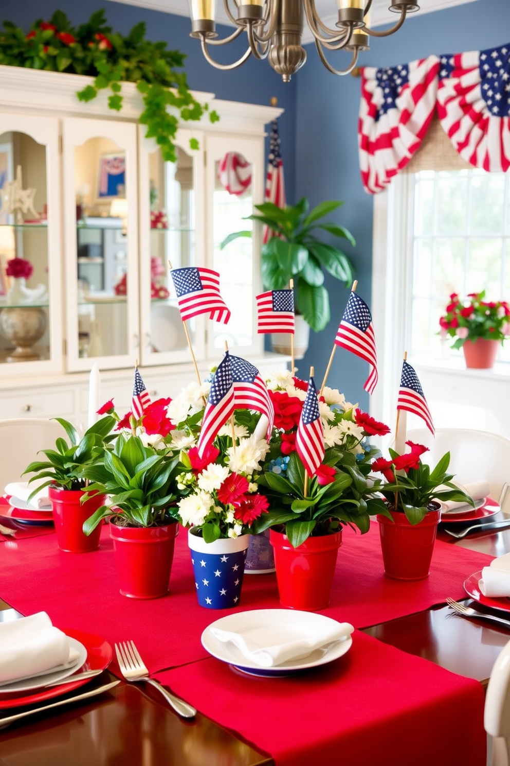 A festive dining room setting adorned with miniature flags placed in vibrant potted plants. The table is elegantly set with red white and blue tableware and a centerpiece featuring a mix of flowers and flags to celebrate Memorial Day.