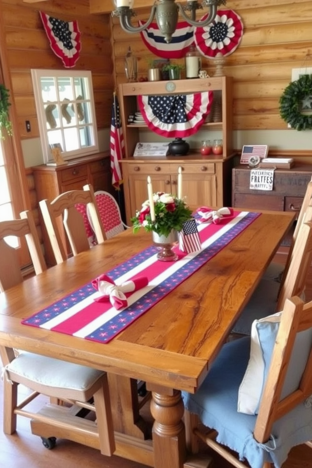 A rustic wooden table is set in a cozy dining room adorned with patriotic decor. Red white and blue table runners and napkins complement the natural wood tones creating a festive atmosphere for Memorial Day celebrations.