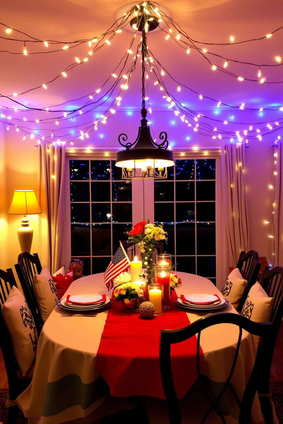 A festive dining room setting adorned with string lights that create a warm and inviting ambiance. The lights are draped elegantly across the ceiling and around the windows, casting a soft glow over the table. The dining table is set with a patriotic red, white, and blue theme, featuring a centerpiece of fresh flowers and candles. Surrounding the table are comfortable chairs with decorative cushions, enhancing the festive atmosphere for Memorial Day celebrations.