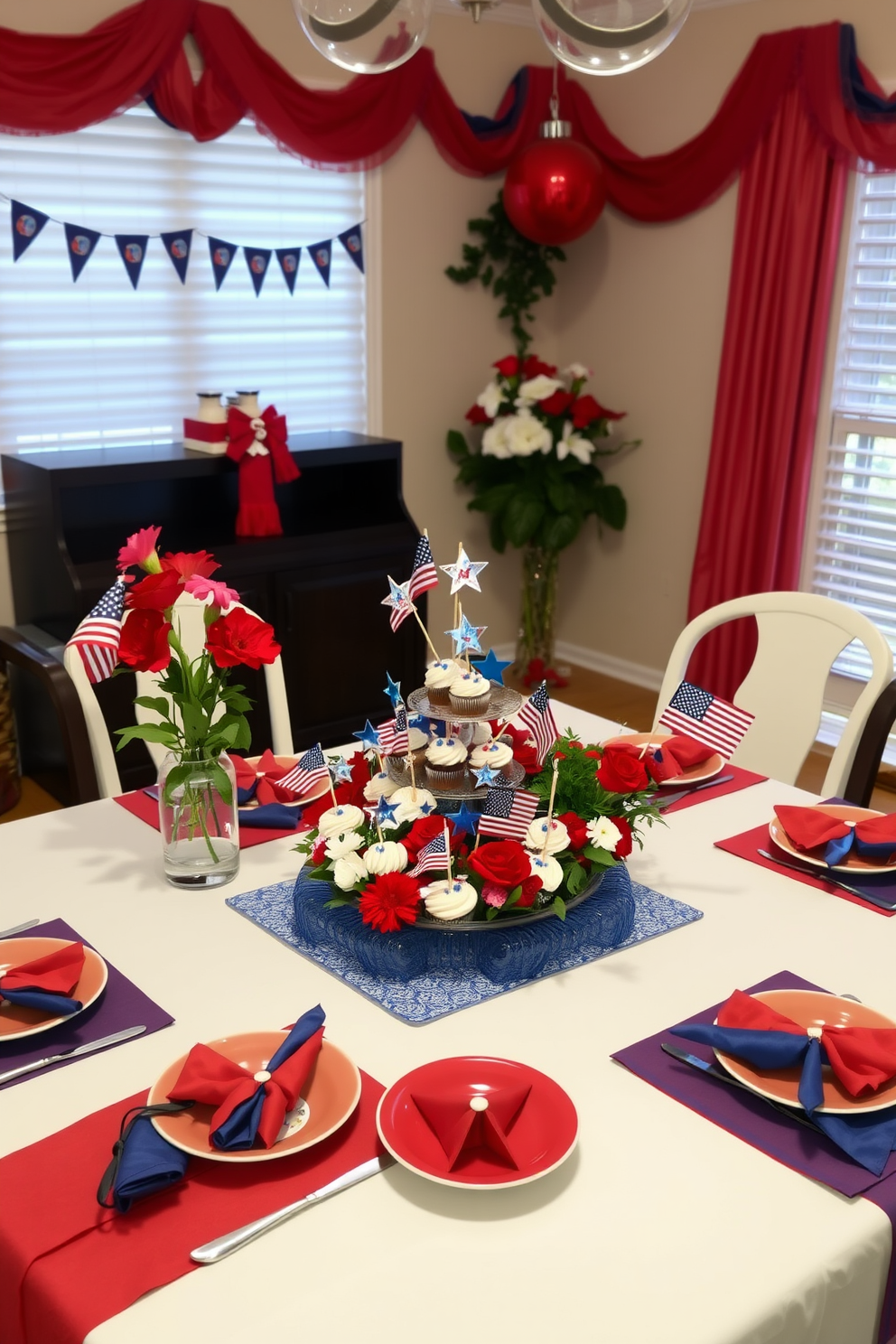 A festive dining room setting featuring a beautifully arranged table adorned with a vibrant red white and blue theme. The centerpiece showcases an assortment of cupcakes decorated with stars and stripes, surrounded by fresh flowers in patriotic colors. The walls are draped with red and blue bunting, while the table settings include matching plates and napkins. Soft lighting enhances the cheerful atmosphere, creating a welcoming space for Memorial Day celebrations.