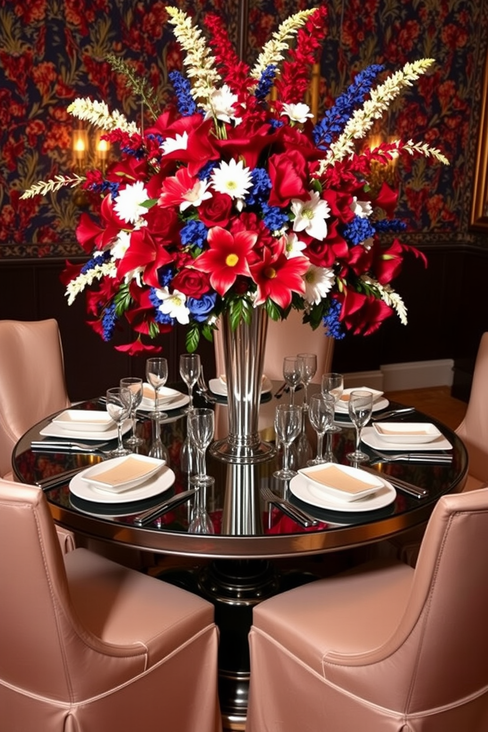 A vibrant dining room setting adorned with a stunning red white and blue floral centerpiece. The table is elegantly set with white dinnerware and silver cutlery, surrounded by plush chairs in a neutral fabric.