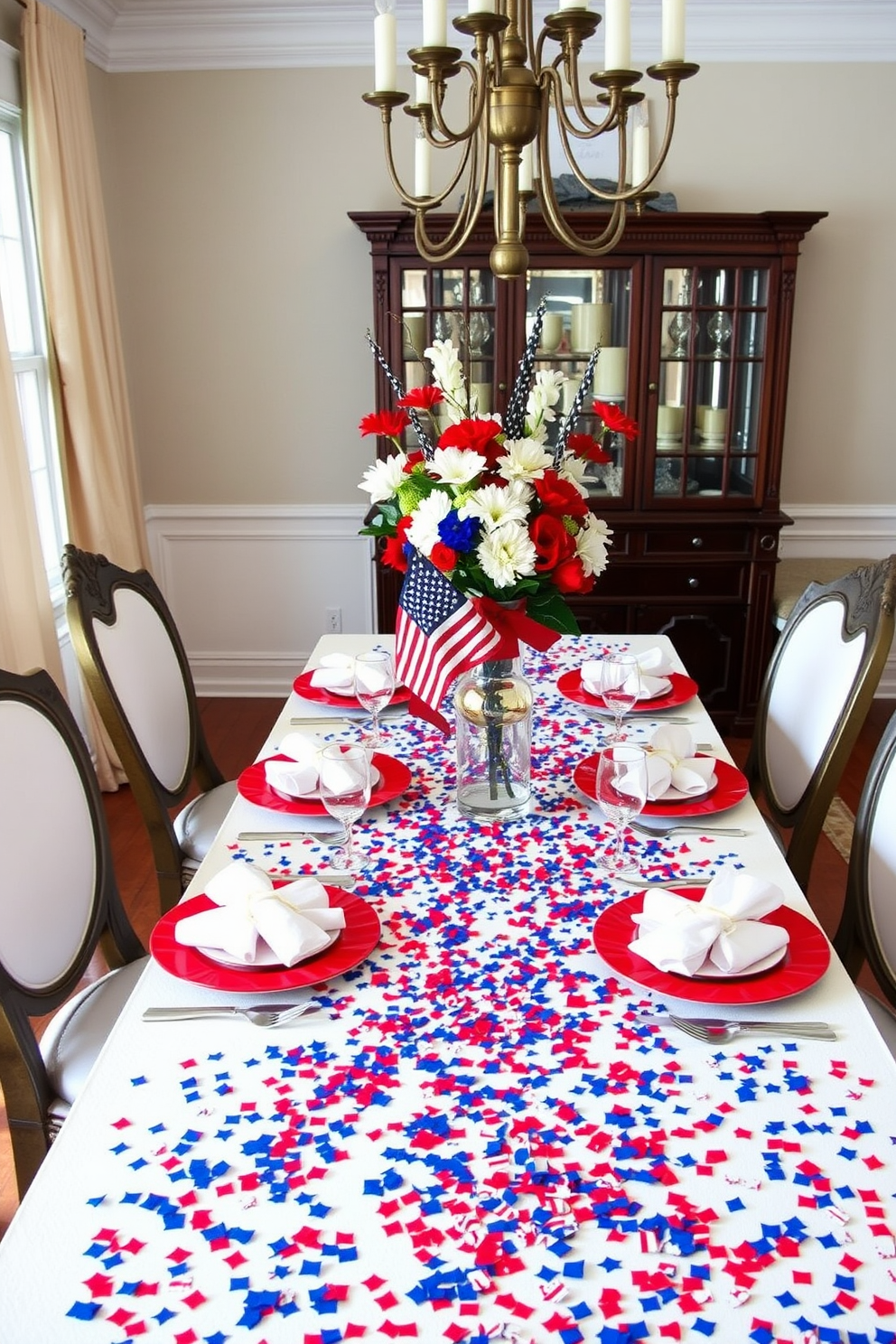 A festive dining room setting featuring a beautifully set table adorned with American flag table confetti. The table is surrounded by elegant chairs, and a centerpiece of red white and blue flowers adds a patriotic touch to the decor.