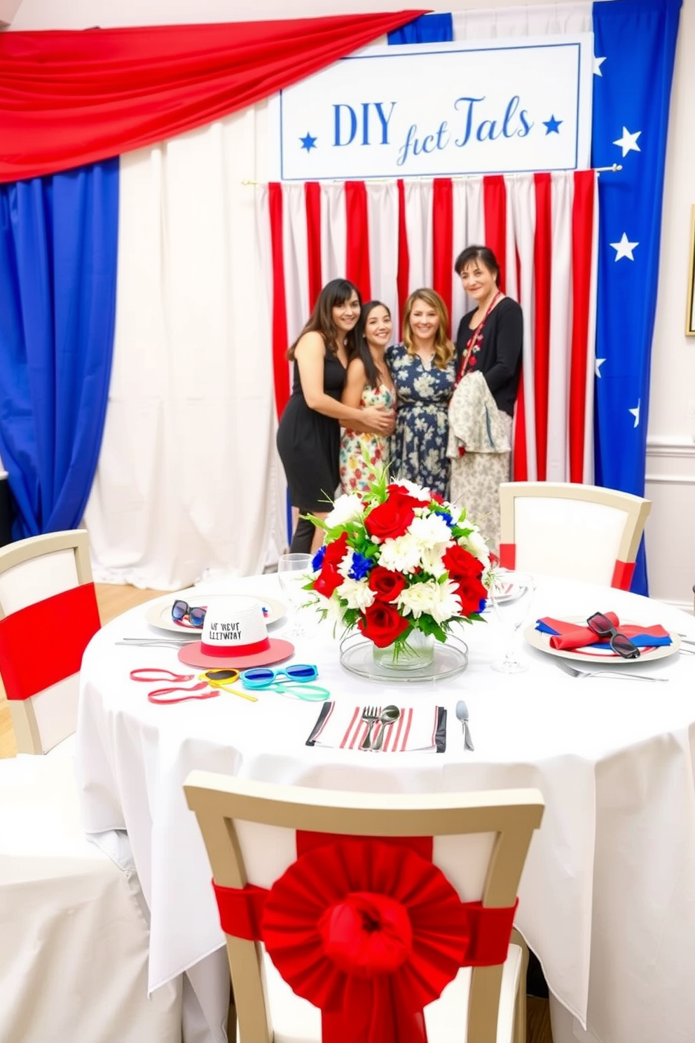 A DIY photo booth is set up with a vibrant patriotic backdrop featuring red white and blue stripes along with stars. In the foreground, colorful props like hats and glasses are arranged on a small table for guests to use. The dining room is elegantly decorated for Memorial Day with a crisp white tablecloth and a centerpiece of fresh flowers in red white and blue. Each place setting includes themed plates and napkins to enhance the festive atmosphere.