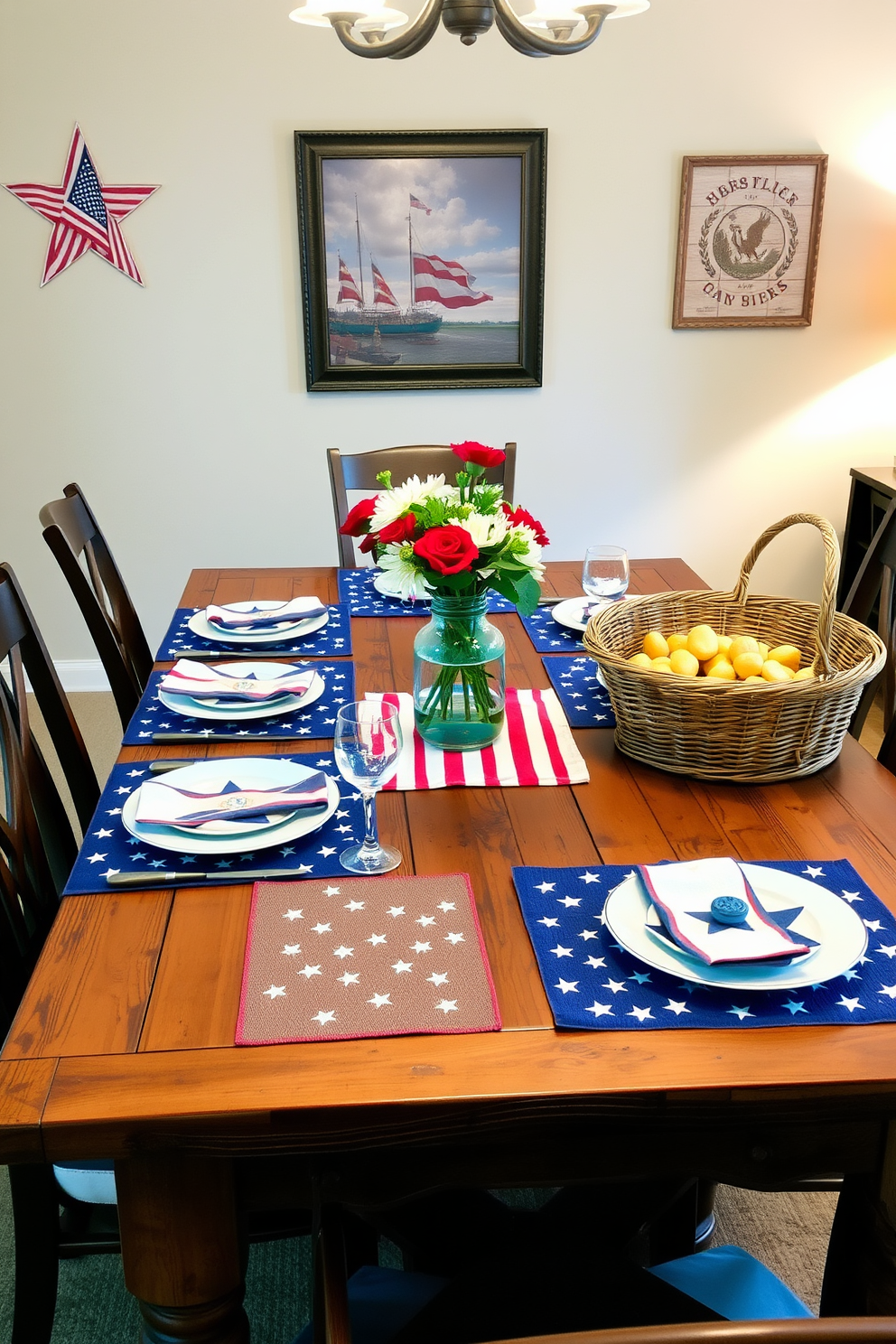 Star and stripe themed placemats are elegantly arranged on a rustic wooden dining table. The table is set with matching dinnerware and a centerpiece featuring red, white, and blue flowers in a simple glass vase. The walls are adorned with patriotic wall art, and soft lighting creates a warm ambiance. A woven basket filled with snacks sits at one end of the table, inviting guests to enjoy the festive atmosphere.