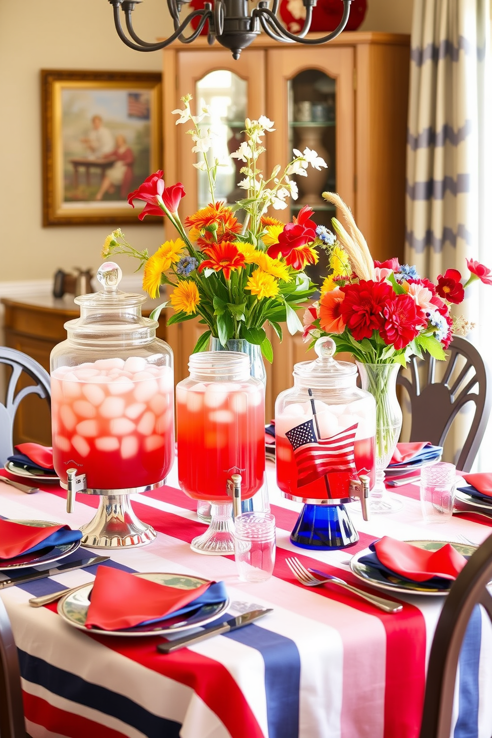 A festive dining room setting for Memorial Day featuring drink dispensers in red, white, and blue. The table is adorned with a patriotic tablecloth, and vibrant floral arrangements in similar colors enhance the cheerful atmosphere.