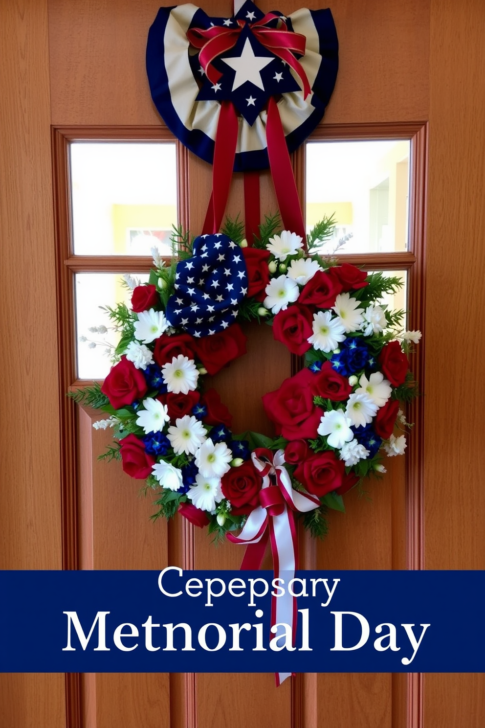 A beautifully decorated dining room door features a large patriotic wreath adorned with red white and blue flowers and ribbons. The wreath is complemented by a subtle backdrop of a warm wooden door that invites guests to celebrate Memorial Day.