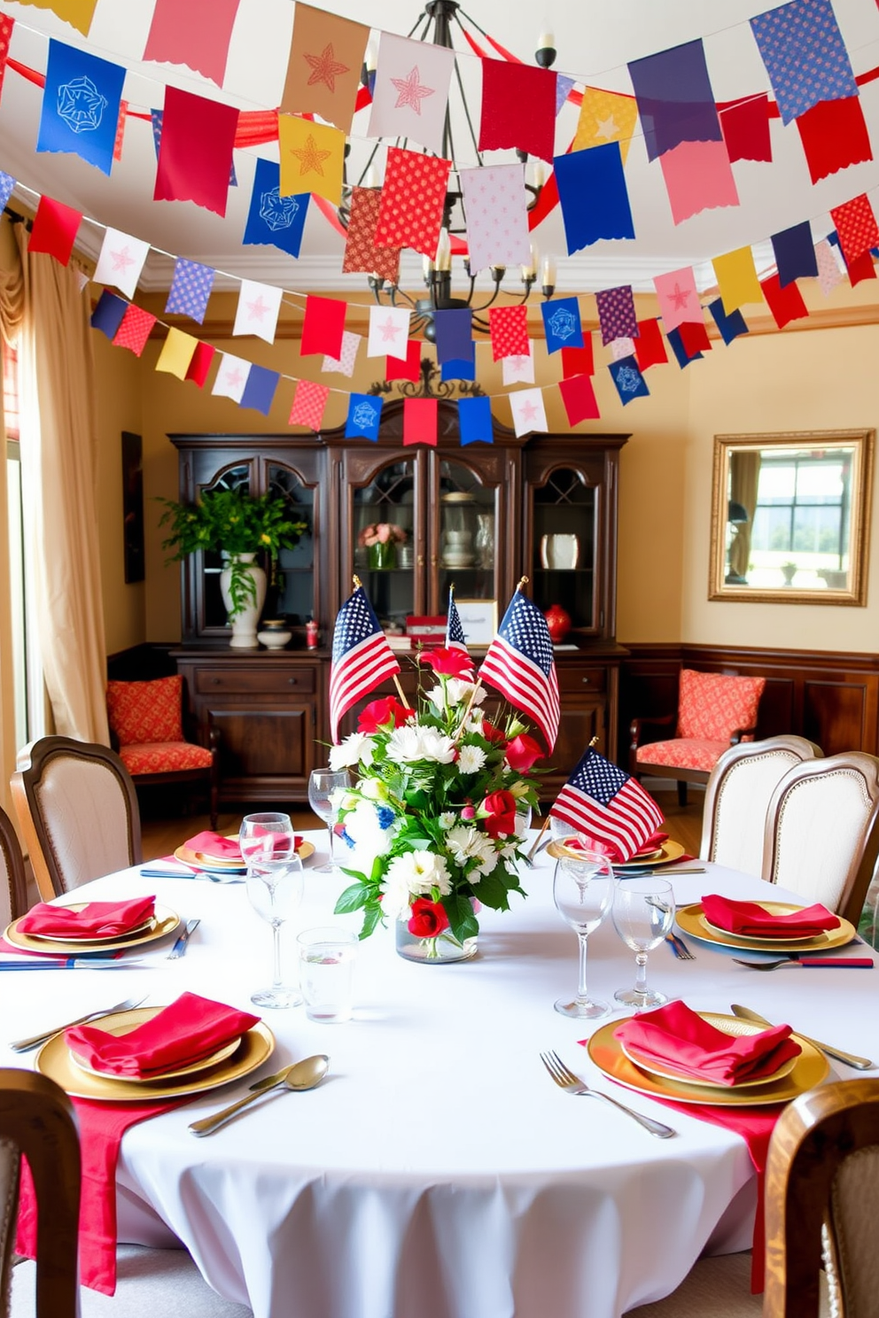 A festive dining room setting adorned with colorful banners hanging gracefully from the ceiling. The table is elegantly set with red white and blue tableware and a centerpiece featuring fresh flowers and small American flags.