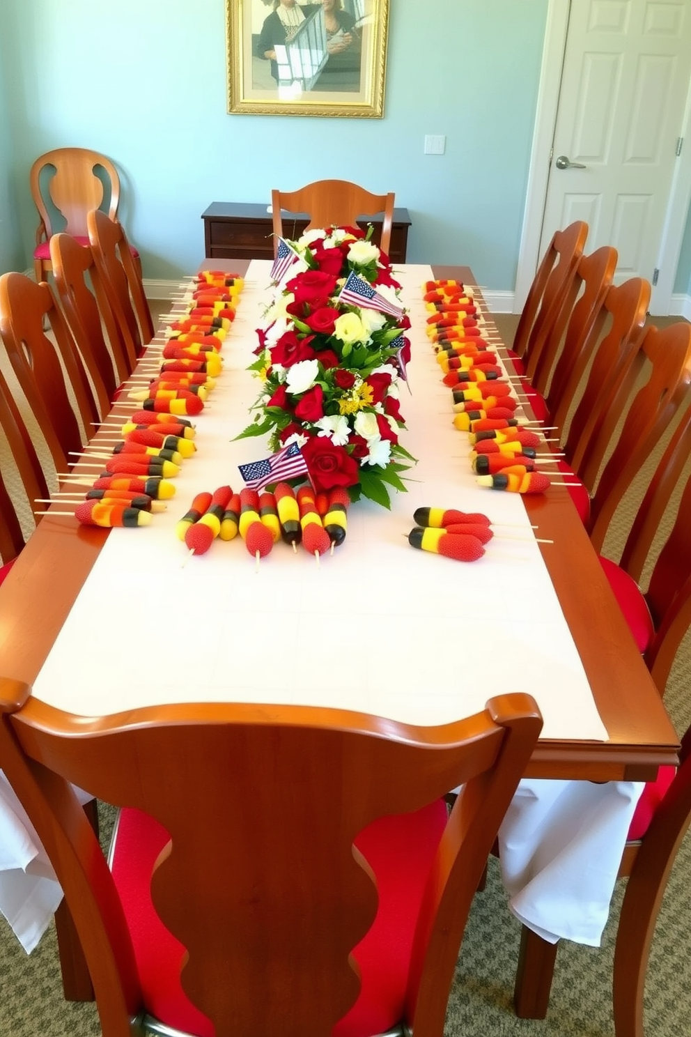 Colorful fruit skewers are artistically arranged on a long wooden dining table adorned with a crisp white tablecloth. Surrounding the table are elegant chairs with vibrant cushions, creating a cheerful atmosphere for a Memorial Day gathering. The dining room features a backdrop of soft blue walls that complement the colorful fruit display. A centerpiece of fresh flowers in shades of red, white, and blue enhances the festive spirit of the occasion.