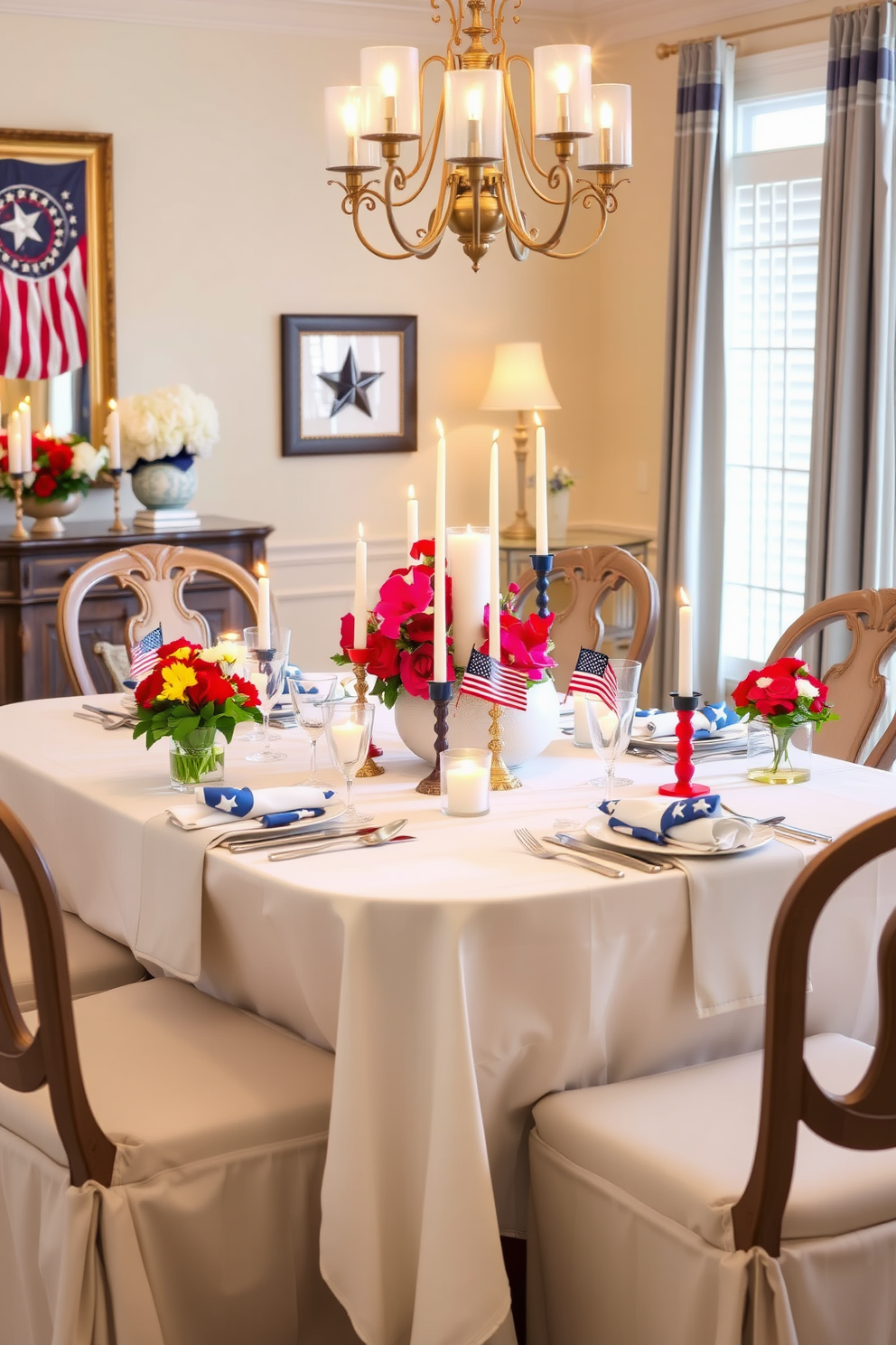 A festive dining room setting adorned with candles in red, white, and blue holders creates a patriotic atmosphere for Memorial Day. The table is elegantly set with a crisp white tablecloth, complemented by vibrant floral arrangements and decorative accents that celebrate the holiday.