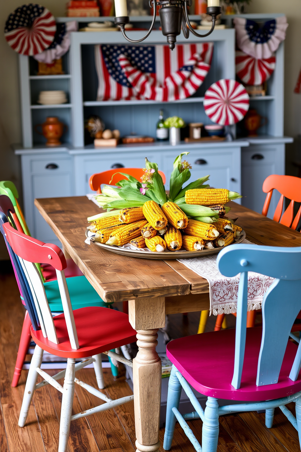 A vibrant dining room setting for Memorial Day features a rustic wooden table adorned with a colorful arrangement of grilled corn on the cob. Surrounding the table are mismatched chairs in cheerful colors, and a backdrop of patriotic decorations enhances the festive atmosphere.