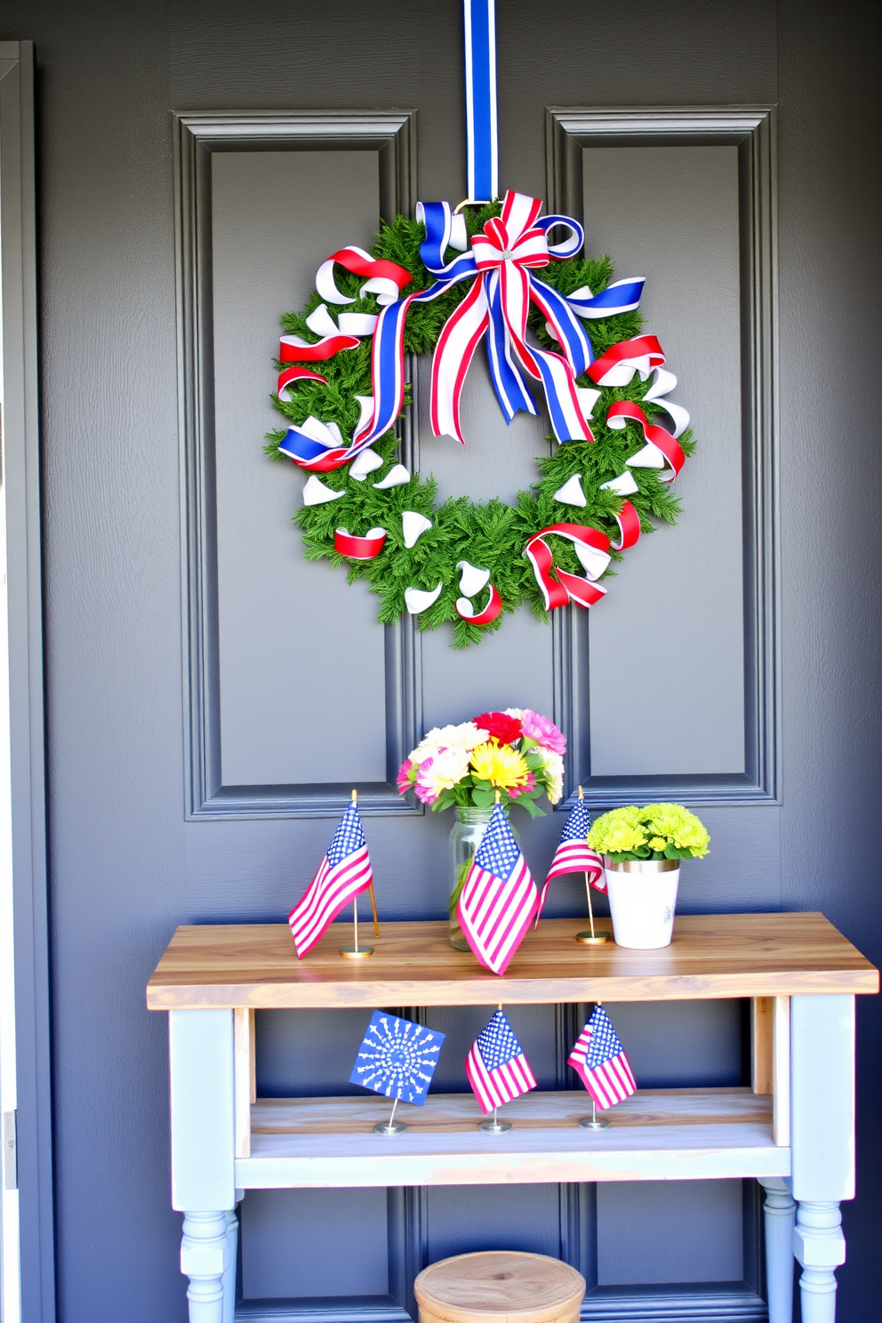 A patriotic wreath adorned with red white and blue ribbons hangs on the front door inviting guests with a festive touch. The entryway features a rustic console table decorated with small American flags and a vase filled with fresh seasonal flowers.