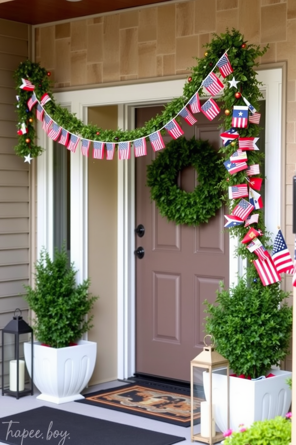 A festive garland adorned with mini flags drapes elegantly across the entryway. The vibrant colors of the flags create a cheerful atmosphere, welcoming guests with a sense of celebration. The garland is complemented by potted plants on either side of the doorway, enhancing the festive look. Soft lighting from lanterns adds warmth, making the entryway inviting and festive for Memorial Day.