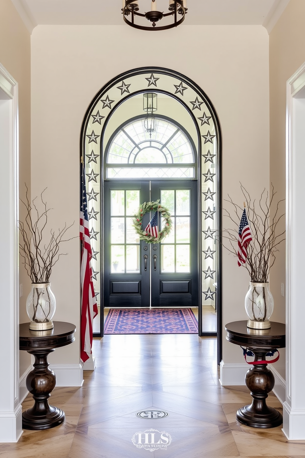 A stunning entryway features a large mirror framed with star motifs that reflects light beautifully. The space is adorned with patriotic decorations in red, white, and blue to celebrate Memorial Day, creating a warm and inviting atmosphere.