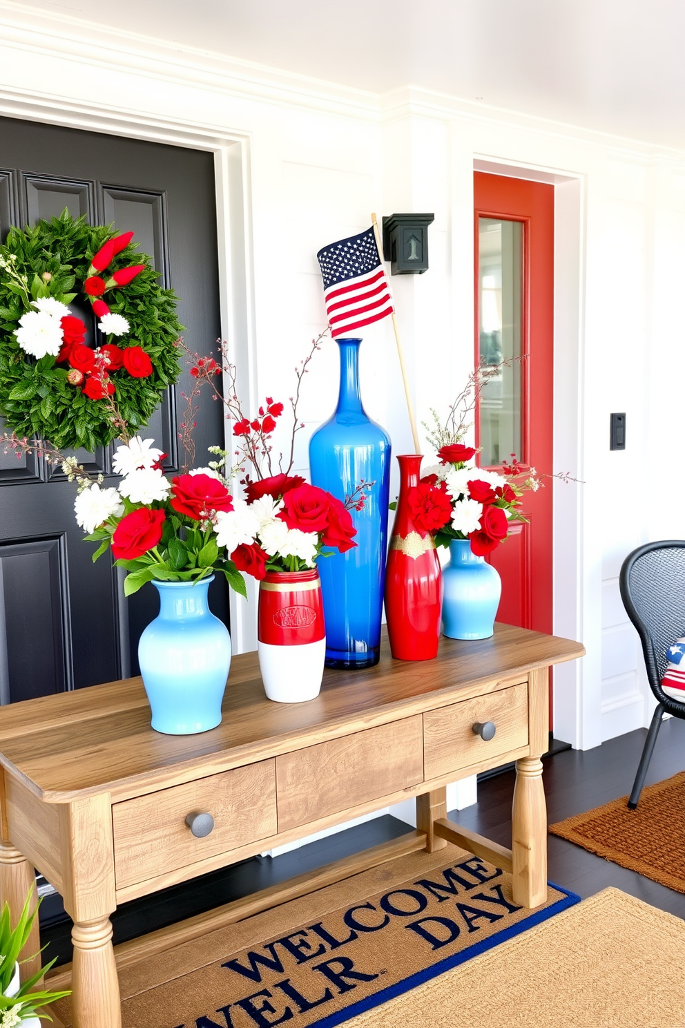 A vibrant entryway adorned with a red white and blue vase display for Memorial Day. The vases are arranged on a rustic wooden console table, complemented by a backdrop of soft white walls and a welcoming doormat.