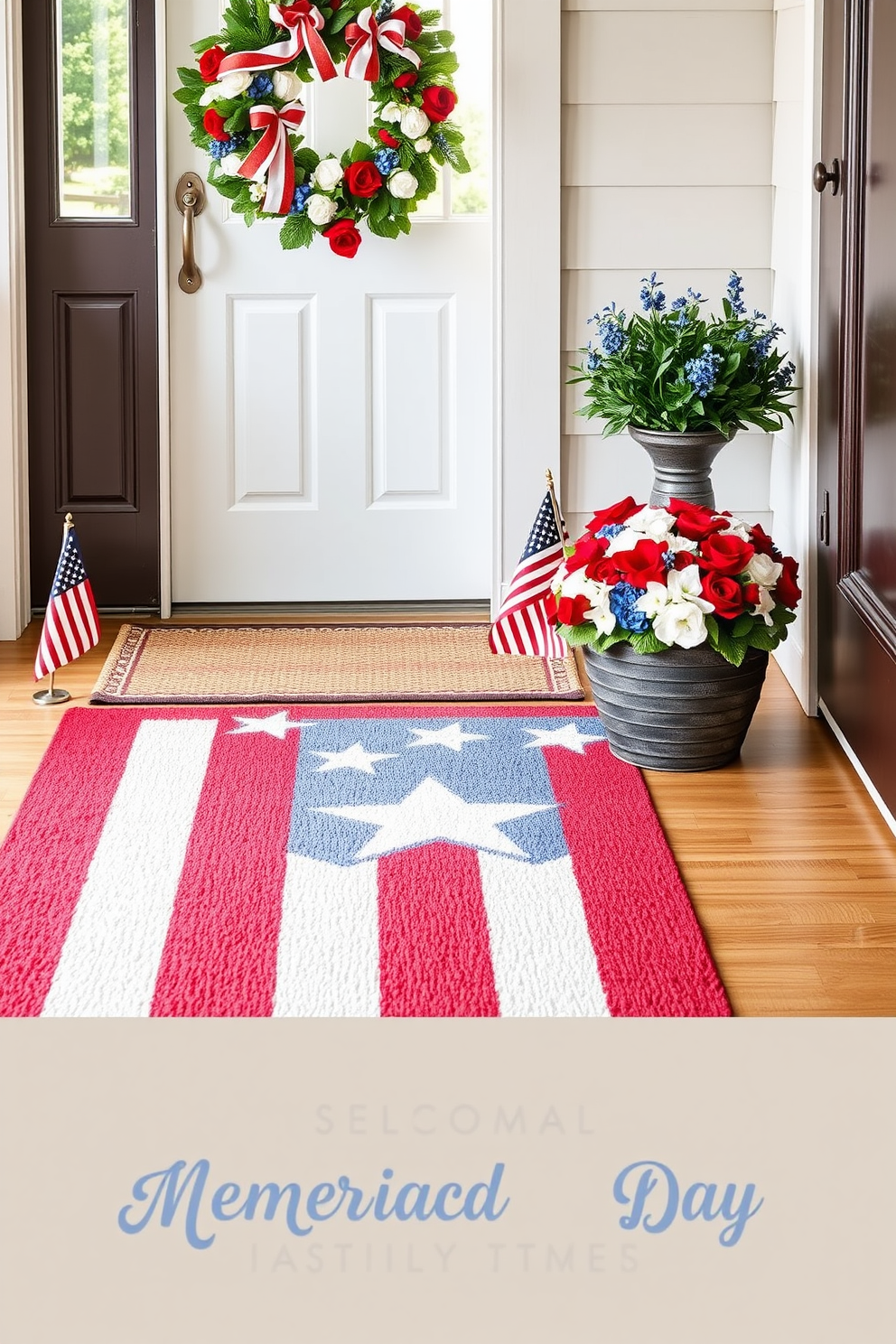 A patriotic-themed entryway rug features bold red, white, and blue colors with stars and stripes design. The rug adds a festive touch to the space while welcoming guests with a sense of national pride. For Memorial Day, the entryway is adorned with seasonal decorations such as small American flags and a wreath made of red, white, and blue flowers. The combination creates a warm and inviting atmosphere that honors the holiday.