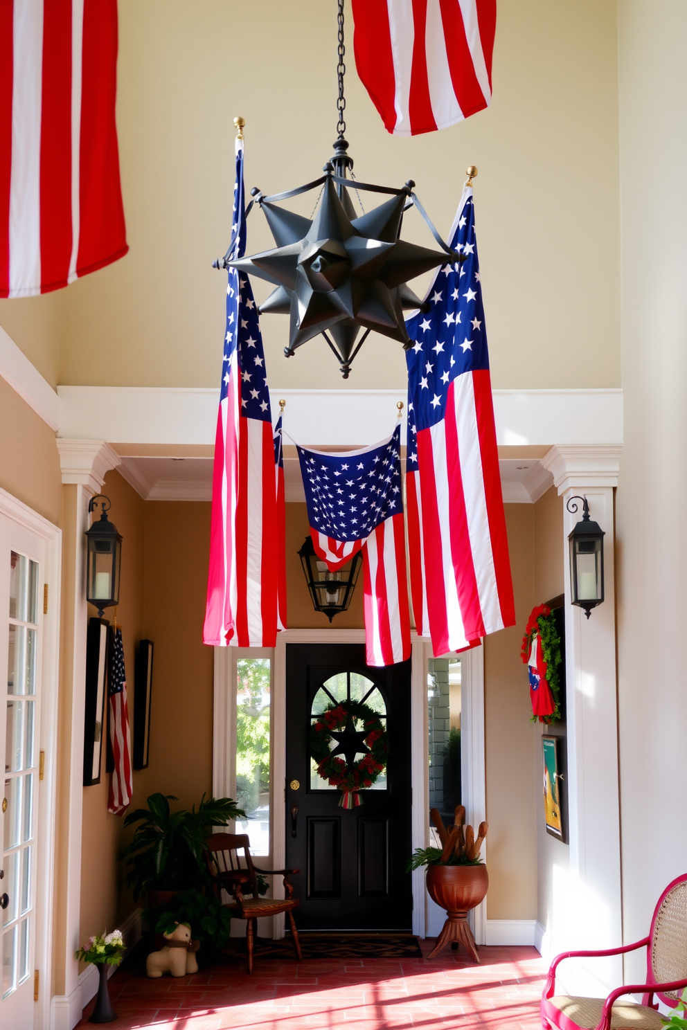 A patriotic entryway featuring a prominent display of hanging flags. The flags are arranged in a visually appealing pattern, complemented by red, white, and blue accents throughout the space.