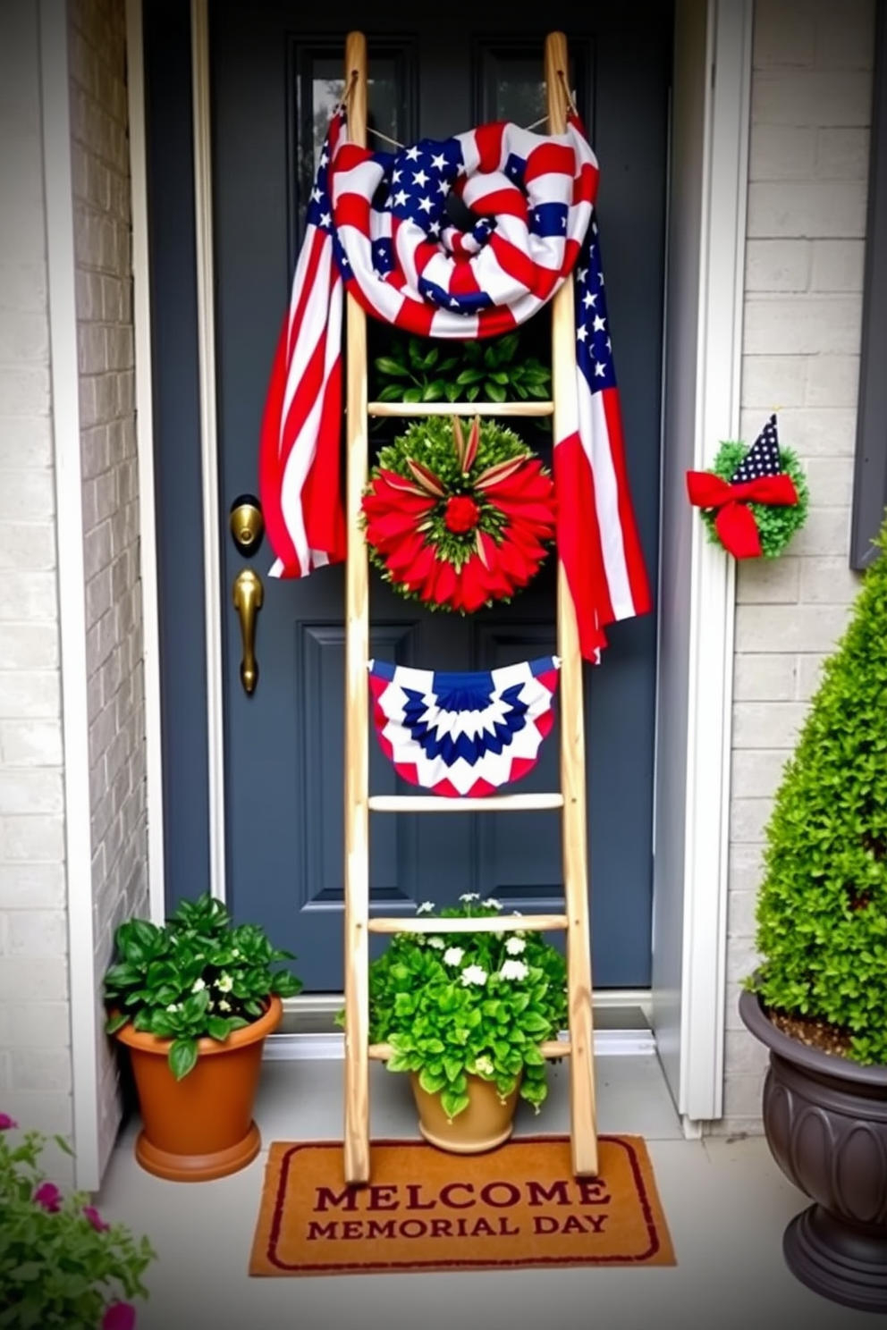 A decorative ladder stands in the entryway adorned with red white and blue flags celebrating Memorial Day. The ladder leans against the wall surrounded by potted plants and a welcome mat that enhances the festive atmosphere.