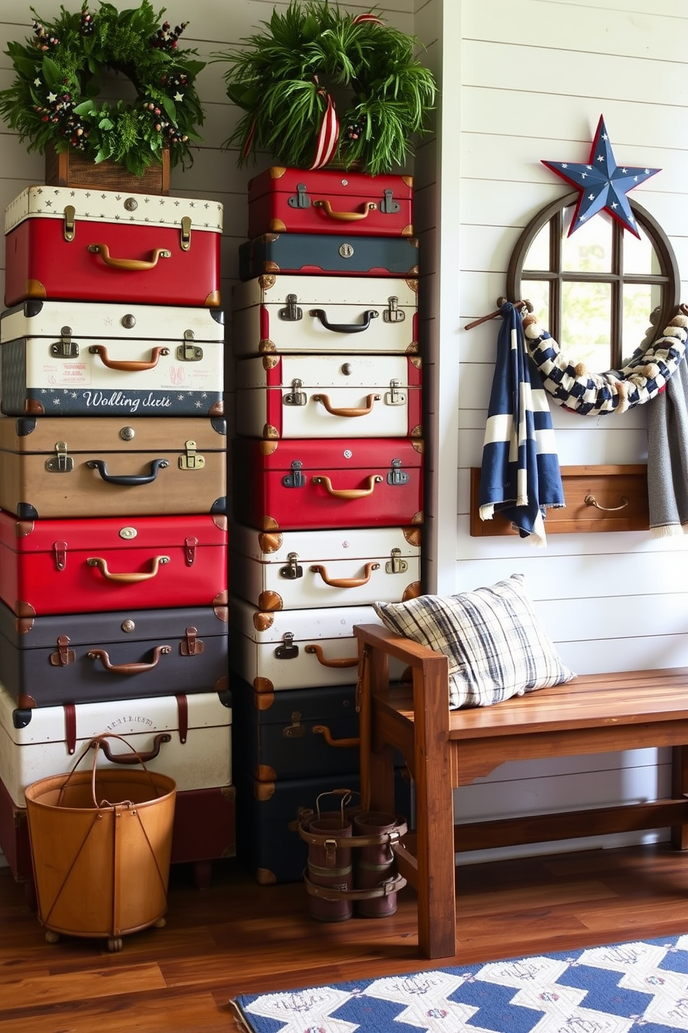 A charming entryway adorned with vintage suitcases in red, white, and blue hues stacked artfully against the wall. A rustic wooden bench sits nearby, inviting guests to pause and appreciate the patriotic decor.