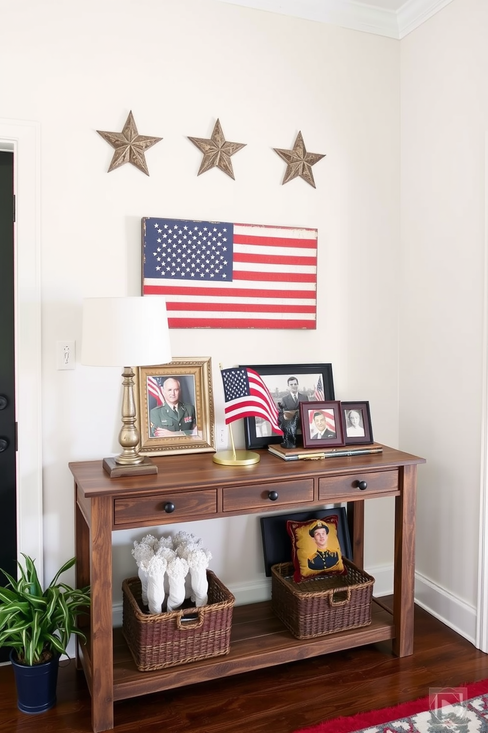 Create an inviting entryway that showcases wall art featuring patriotic imagery. Incorporate elements such as a rustic console table topped with a small American flag and framed photographs of military heroes.