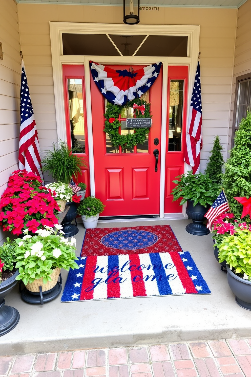 A vibrant entryway adorned with a red white and blue welcome mat. The mat is placed at the entrance, surrounded by potted plants and patriotic decorations.