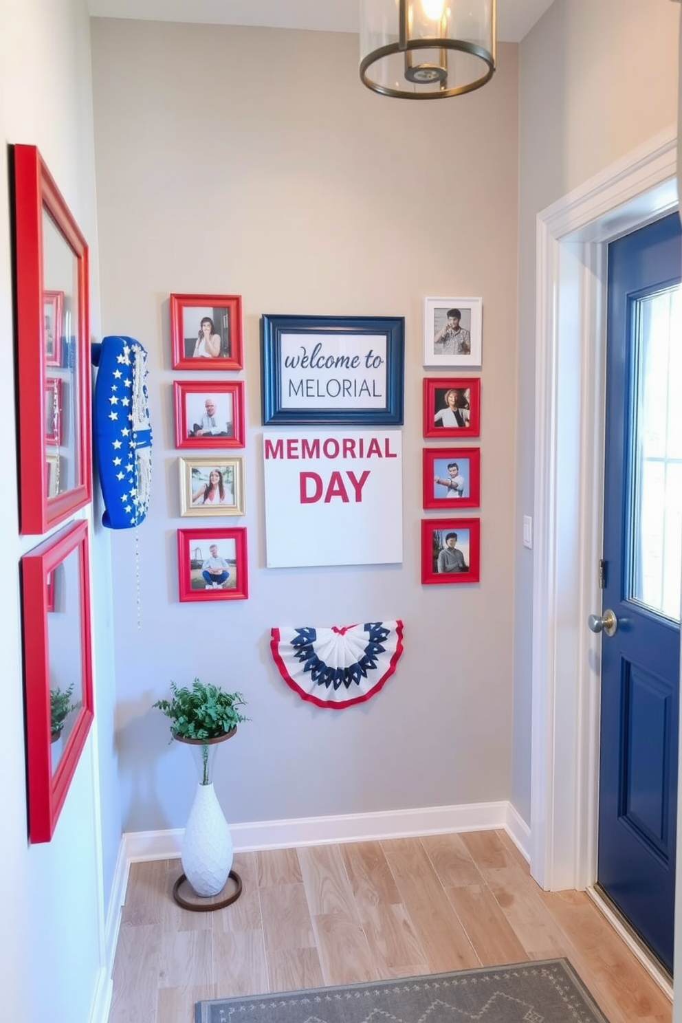 A welcoming entryway adorned with red white and blue photo frames celebrating Memorial Day. The frames are arranged in a gallery style on a light gray wall, creating a vibrant focal point that honors the holiday.