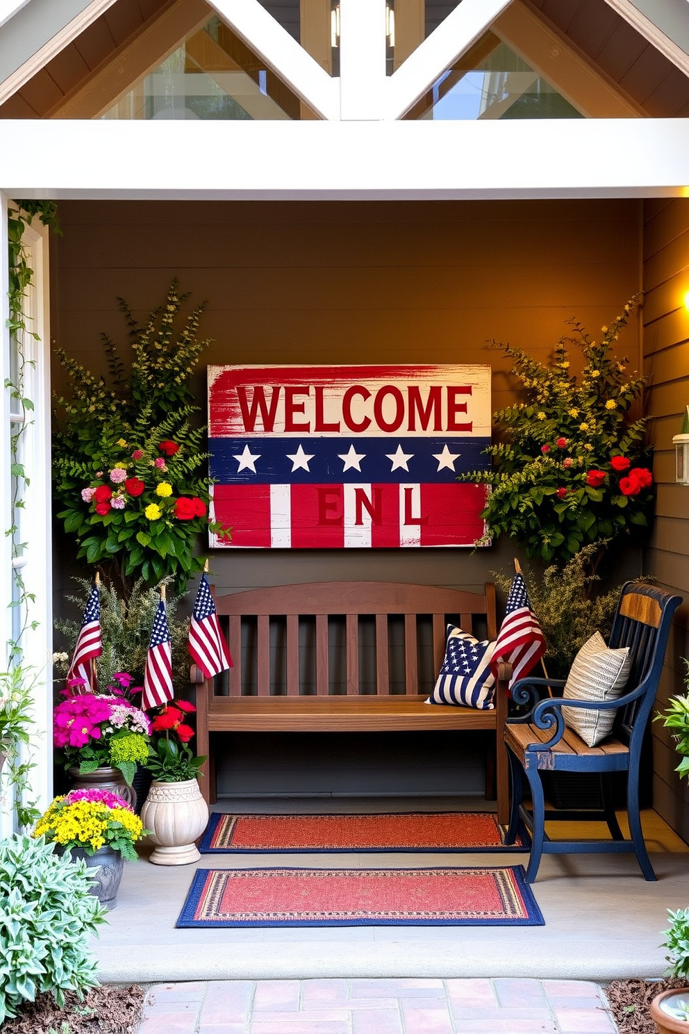 A welcoming entryway featuring a patriotic-themed sign that proudly displays red white and blue colors. The sign is adorned with stars and stripes and is placed against a backdrop of fresh greenery and seasonal flowers. Surrounding the sign are decorative elements such as small American flags and a rustic wooden bench. The entryway is enhanced with warm lighting creating an inviting atmosphere for Memorial Day celebrations.