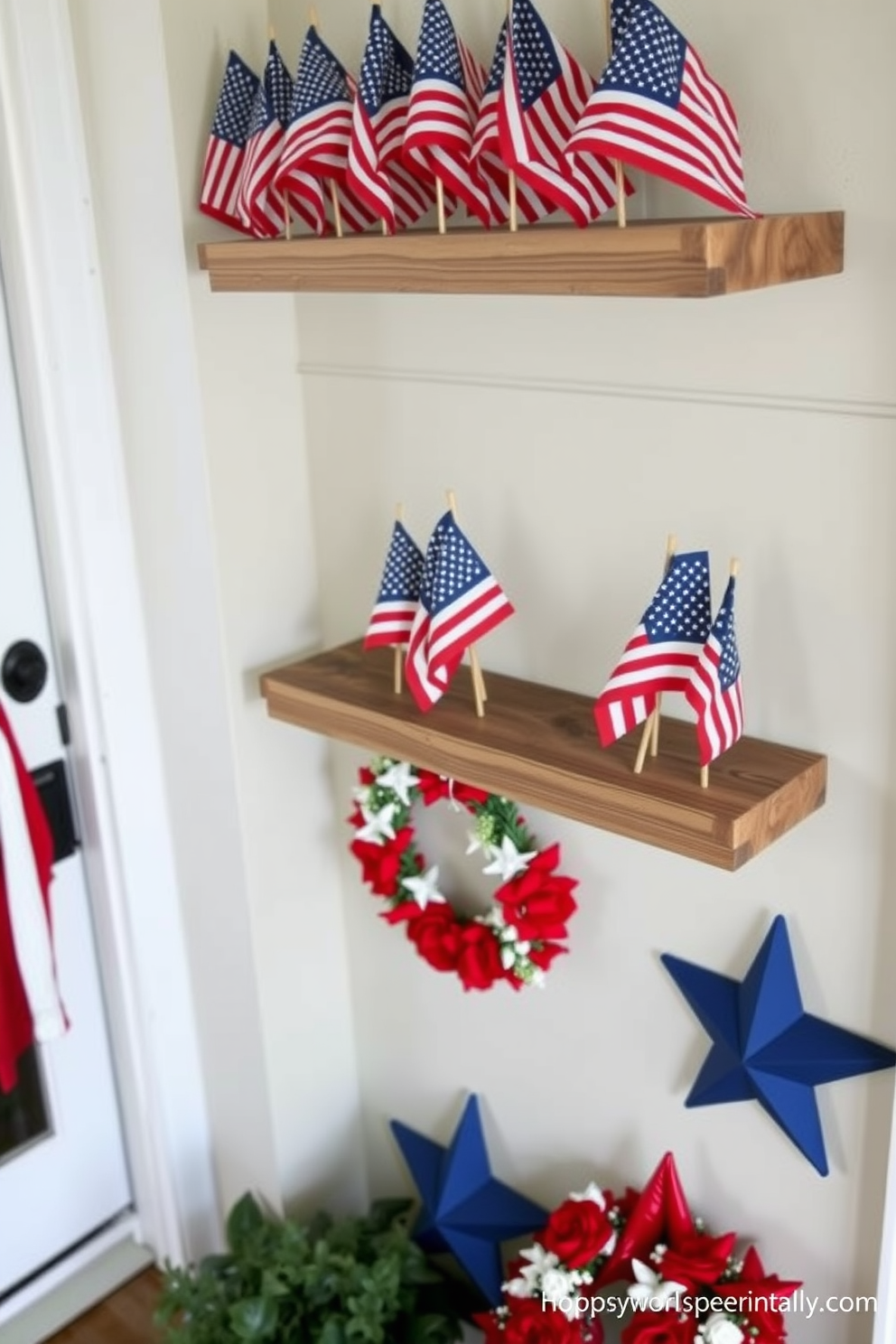 Miniature flags in various sizes arranged on rustic wooden shelves create a festive atmosphere. The entryway is adorned with red white and blue accents including a small wreath and star shaped decor to honor Memorial Day.