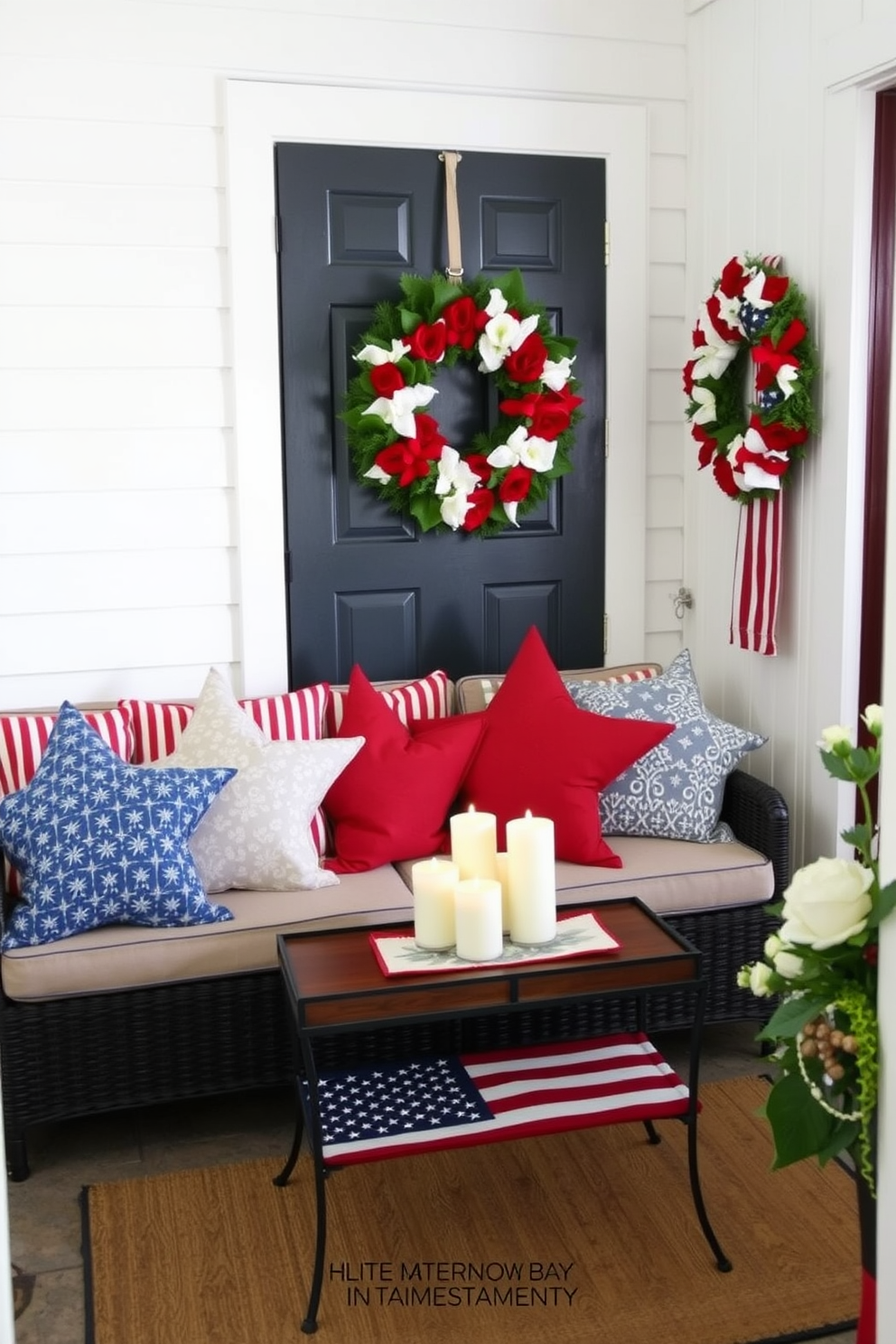 Star shaped pillows are arranged on a cozy seating area, adding a playful touch to the space. The pillows feature a mix of red, white, and blue fabrics, perfectly complementing the patriotic theme. The entryway is adorned with festive decorations for Memorial Day, featuring a welcoming wreath made of red and white flowers. A small table displays a collection of candles and a flag-inspired runner, creating an inviting atmosphere for guests.