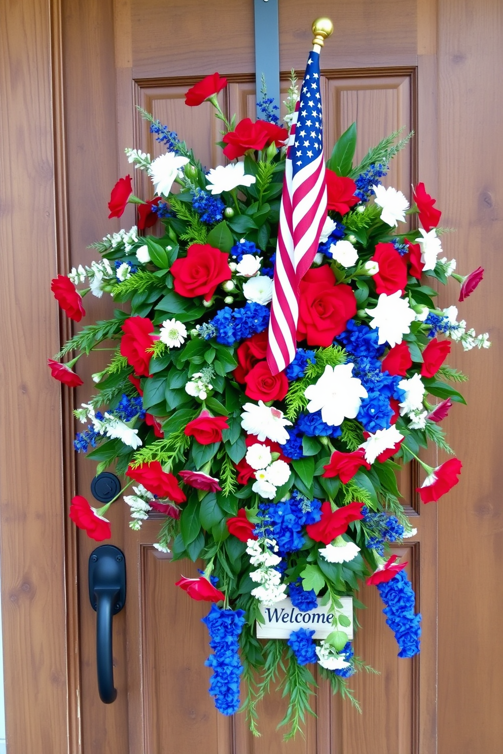 A patriotic-themed door swag decoration featuring vibrant red white and blue flowers intertwined with lush greenery. The swag is elegantly draped over a rustic wooden door adorned with a small American flag and a welcome sign.