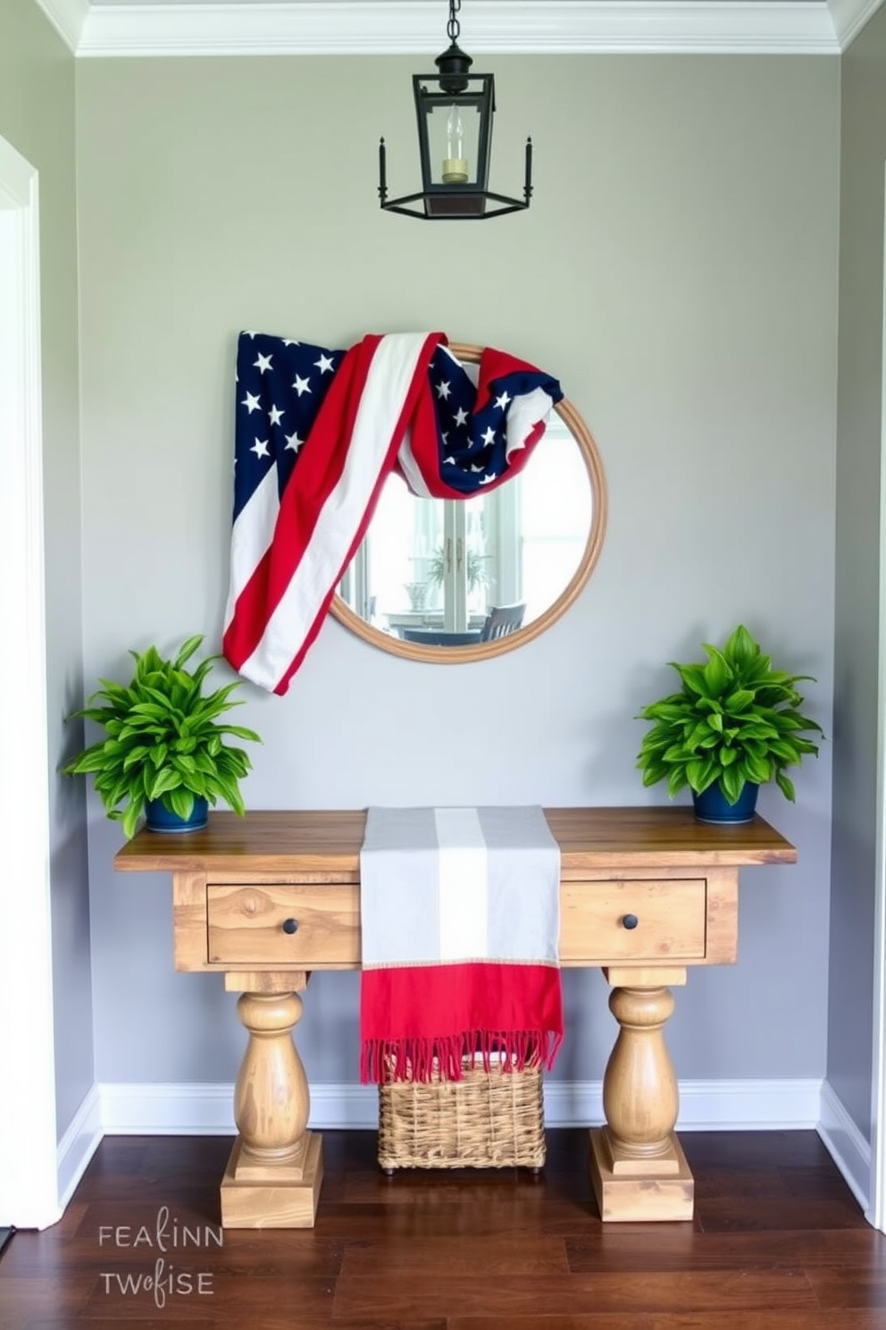 A festive entryway adorned with a red white and blue table runner that drapes elegantly over a rustic wooden console table. Flanking the table are potted plants in vibrant green, adding a fresh touch to the patriotic decor.