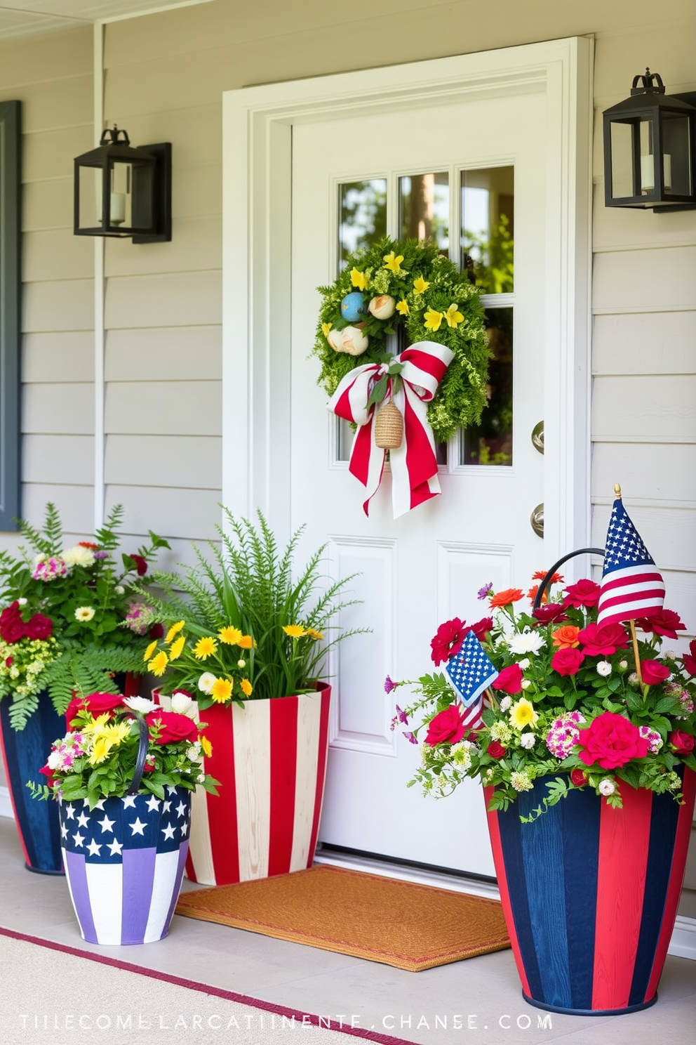 A welcoming entryway adorned with decorative baskets in vibrant flag colors for Memorial Day. These baskets are filled with seasonal flowers and greenery, creating a festive and patriotic atmosphere.