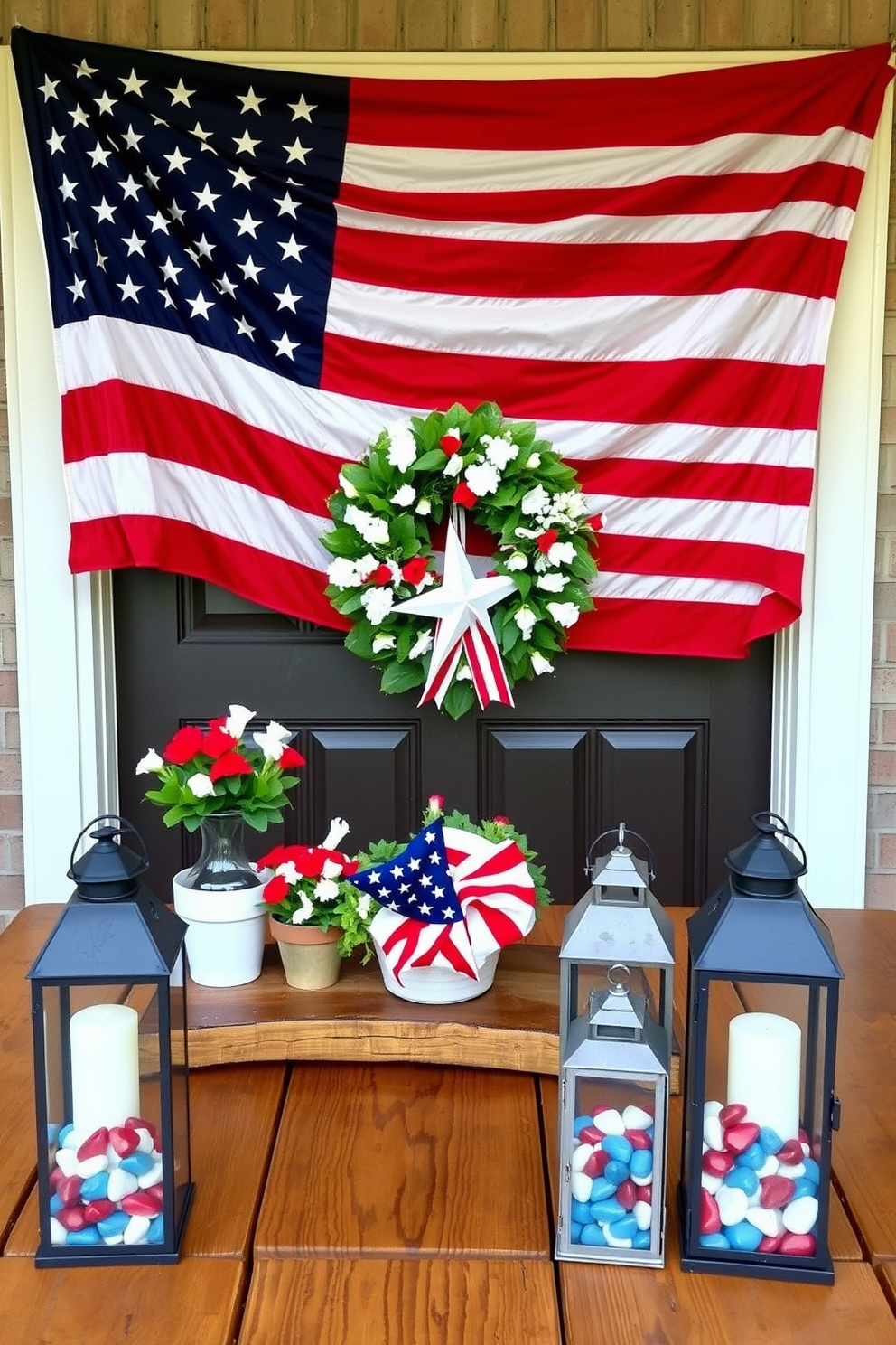 A flag-themed table centerpiece arrangement featuring a large American flag draped elegantly across a rustic wooden table. Surrounding the flag are small potted plants with red white and blue flowers adding a festive touch to the display. For Memorial Day entryway decorating ideas incorporate a patriotic wreath adorned with stars and stripes on the front door. Flanking the entrance are lanterns filled with candles and decorative stones in red white and blue creating a warm welcoming atmosphere.