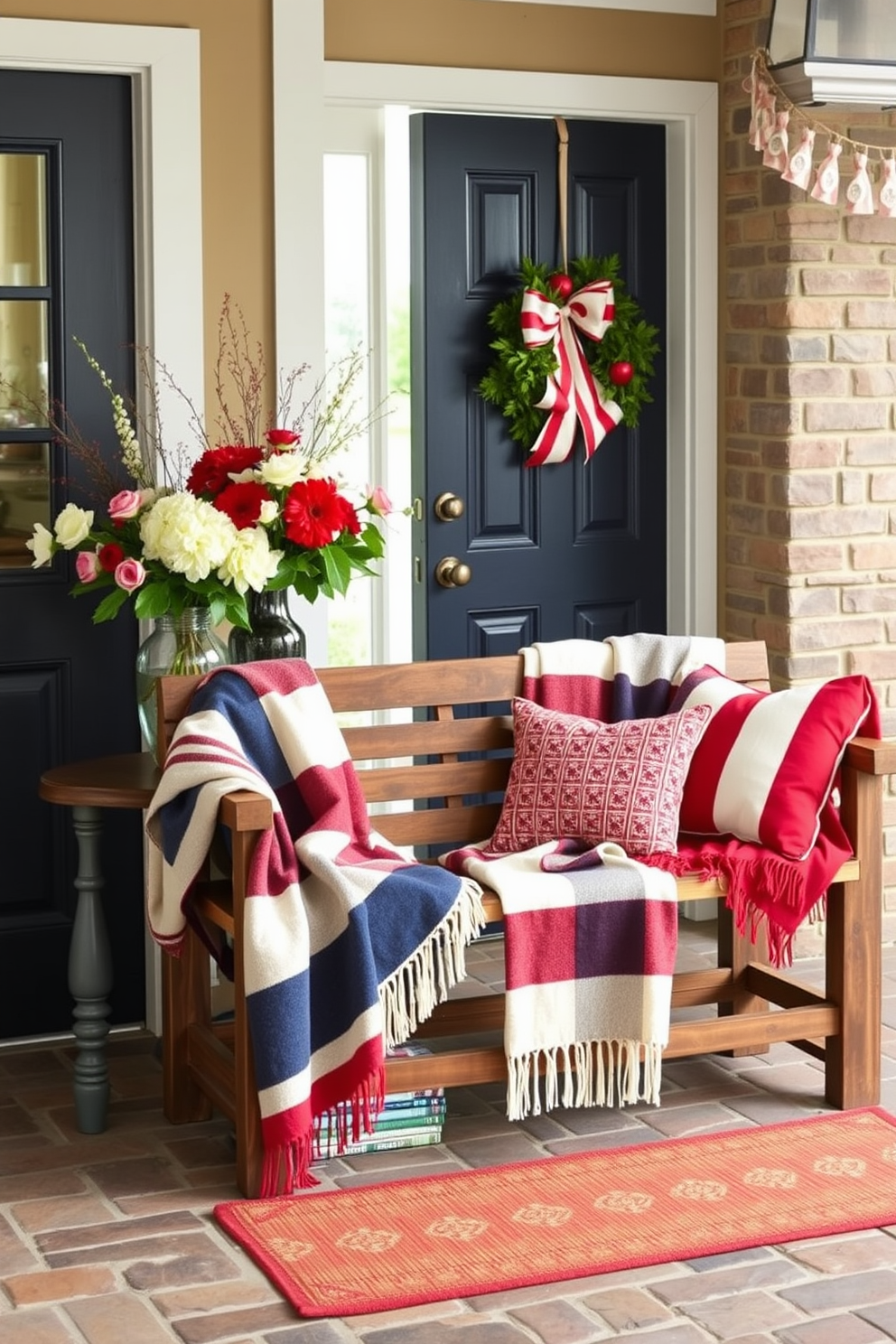 A welcoming entryway adorned with seasonal throw blankets in shades of red, white, and blue. The blankets are neatly draped over a rustic wooden bench, inviting guests to relax and enjoy the festive atmosphere. Floral arrangements in coordinating colors are placed in a vase on a console table beside the entrance. A patriotic wreath hangs on the door, completing the Memorial Day theme with charm and elegance.