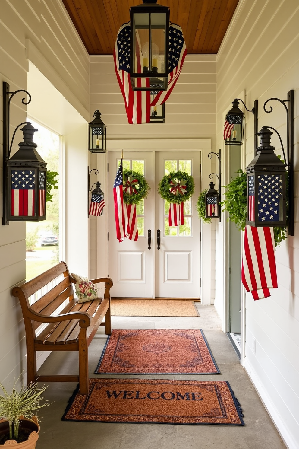 A charming entryway adorned with vintage lanterns featuring American flags. The space is enhanced by a rustic wooden bench and a welcome mat, creating a warm and inviting atmosphere.