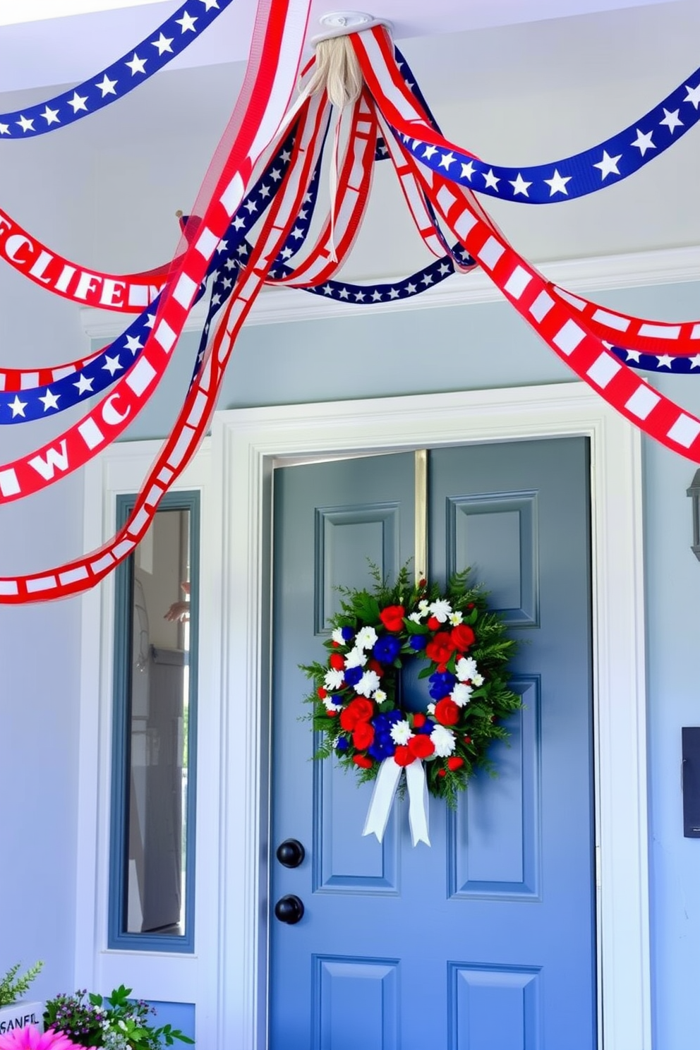 A festive entryway adorned with star spangled bunting that gracefully drapes from the ceiling. The walls are painted in a soft blue hue, and a welcoming wreath featuring red, white, and blue flowers hangs on the door.