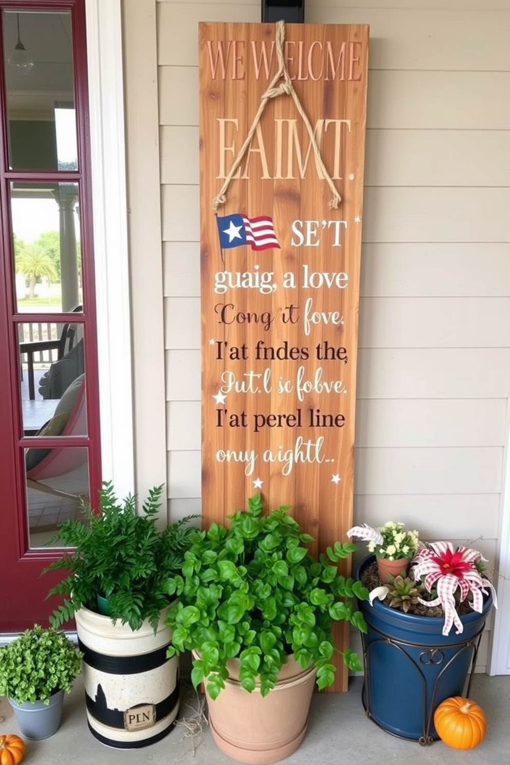 Rustic wooden sign featuring a patriotic quote welcomes guests into the entryway. The sign is adorned with natural twine and surrounded by potted plants and seasonal decorations.