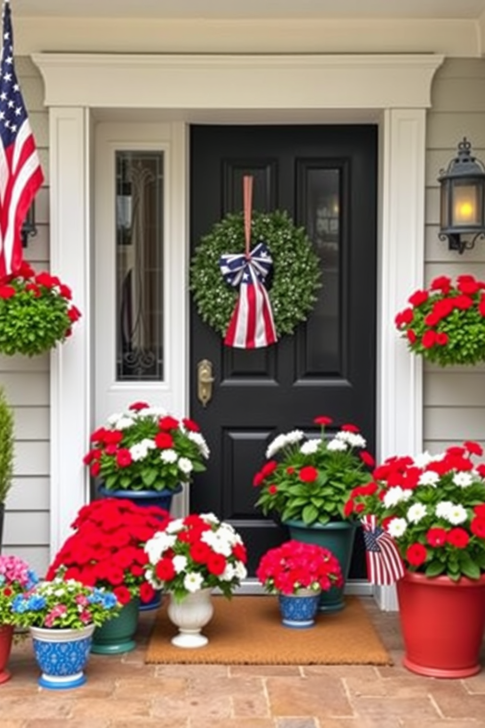 A charming entryway adorned with potted red white and blue flowers. The vibrant colors create a festive atmosphere perfect for Memorial Day celebrations.