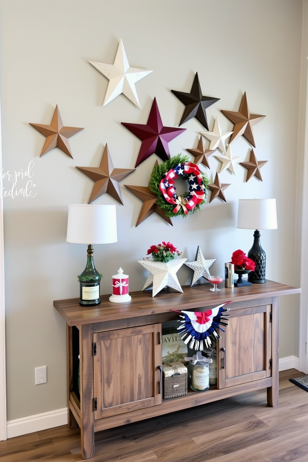 Decorative wooden stars are arranged on the wall, creating a festive and welcoming atmosphere. The entryway features a rustic console table adorned with seasonal decor, including red, white, and blue accents for Memorial Day.