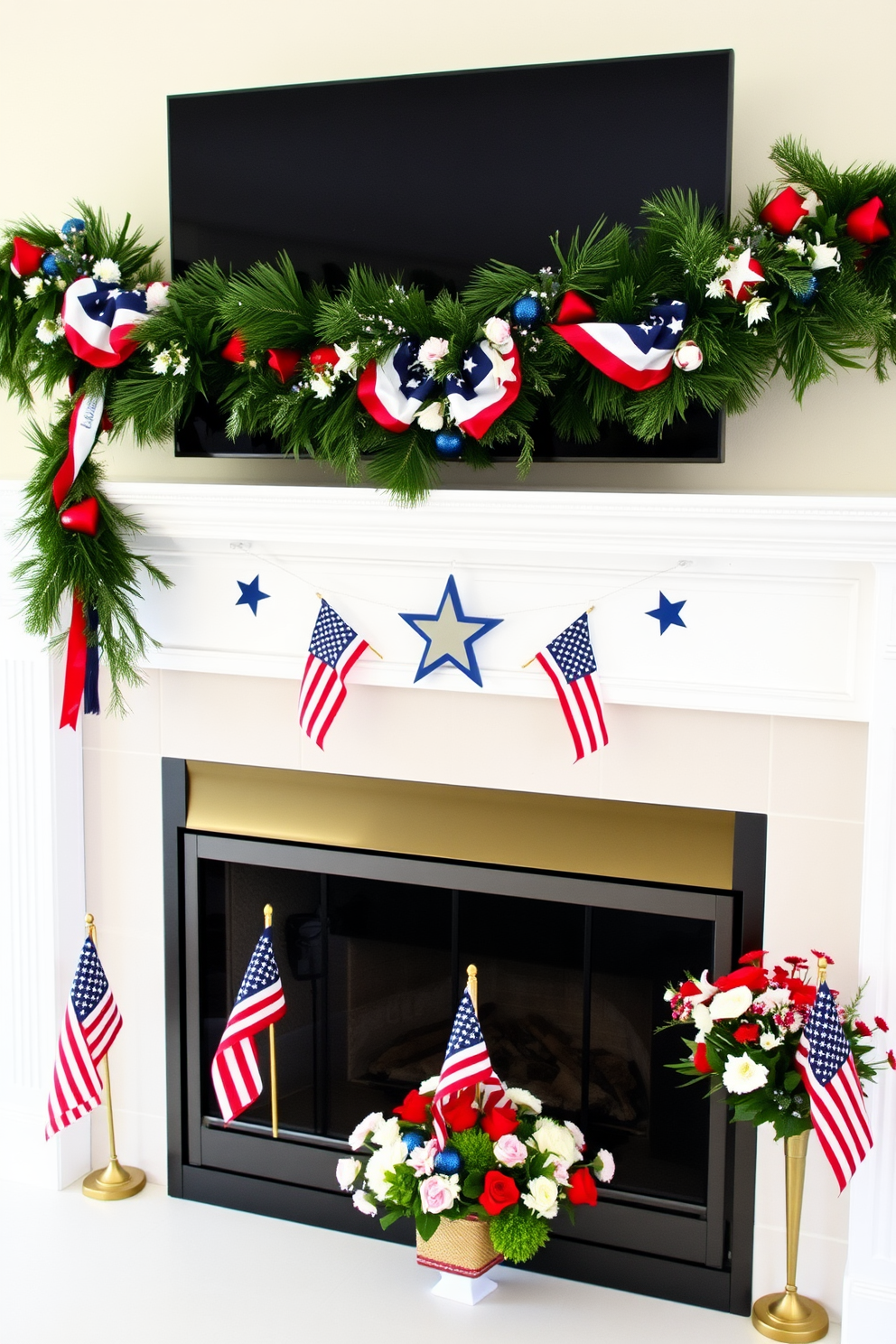 A patriotic garland adorned with red, white, and blue accents drapes elegantly across the mantel. The fireplace is enhanced with small American flags and seasonal flowers, creating a festive atmosphere for Memorial Day.