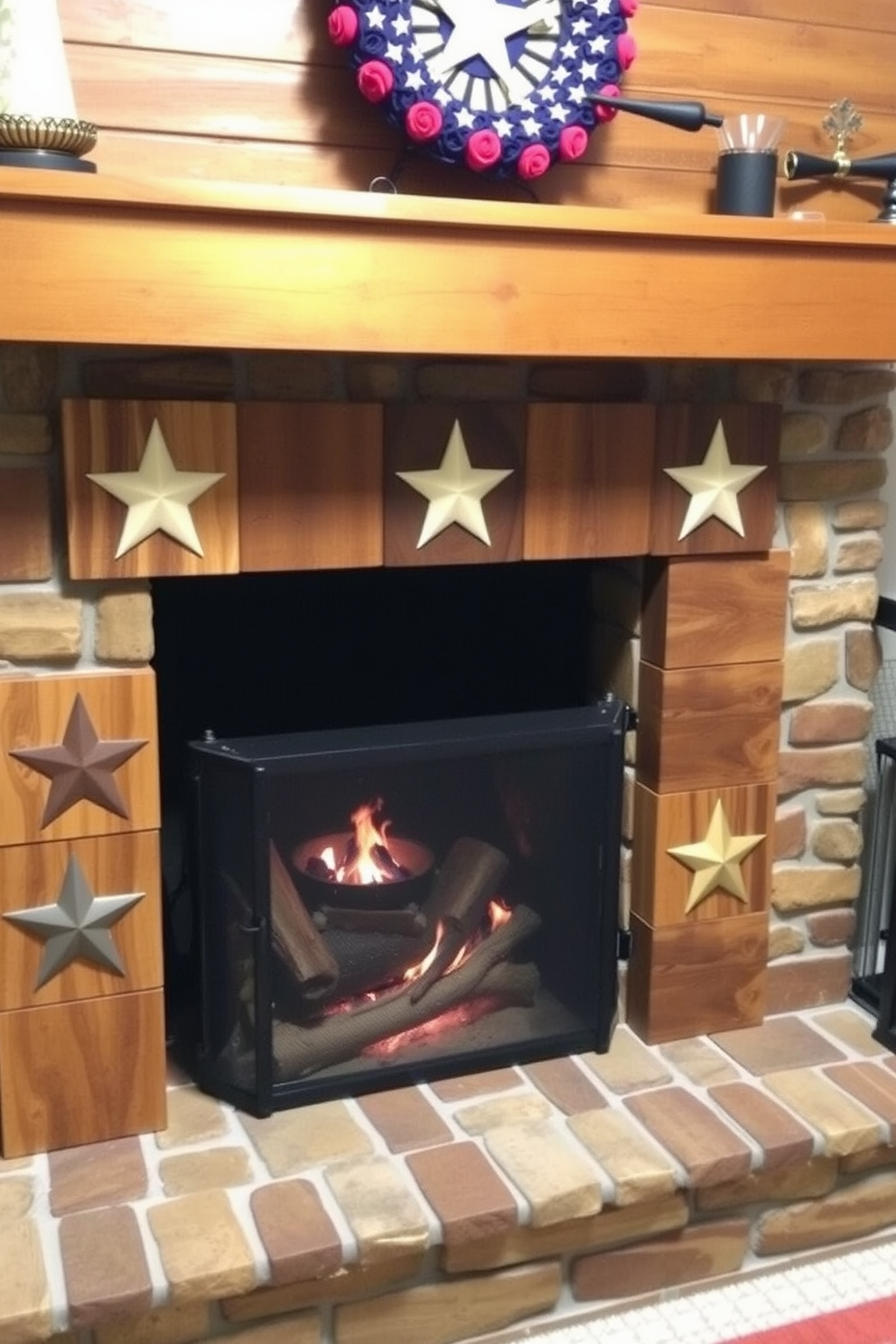 A cozy fireplace adorned with rustic wood blocks featuring intricate star designs creates a welcoming atmosphere. The warm tones of the wood contrast beautifully with the soft glow of the fire, making it the perfect setting for Memorial Day celebrations.