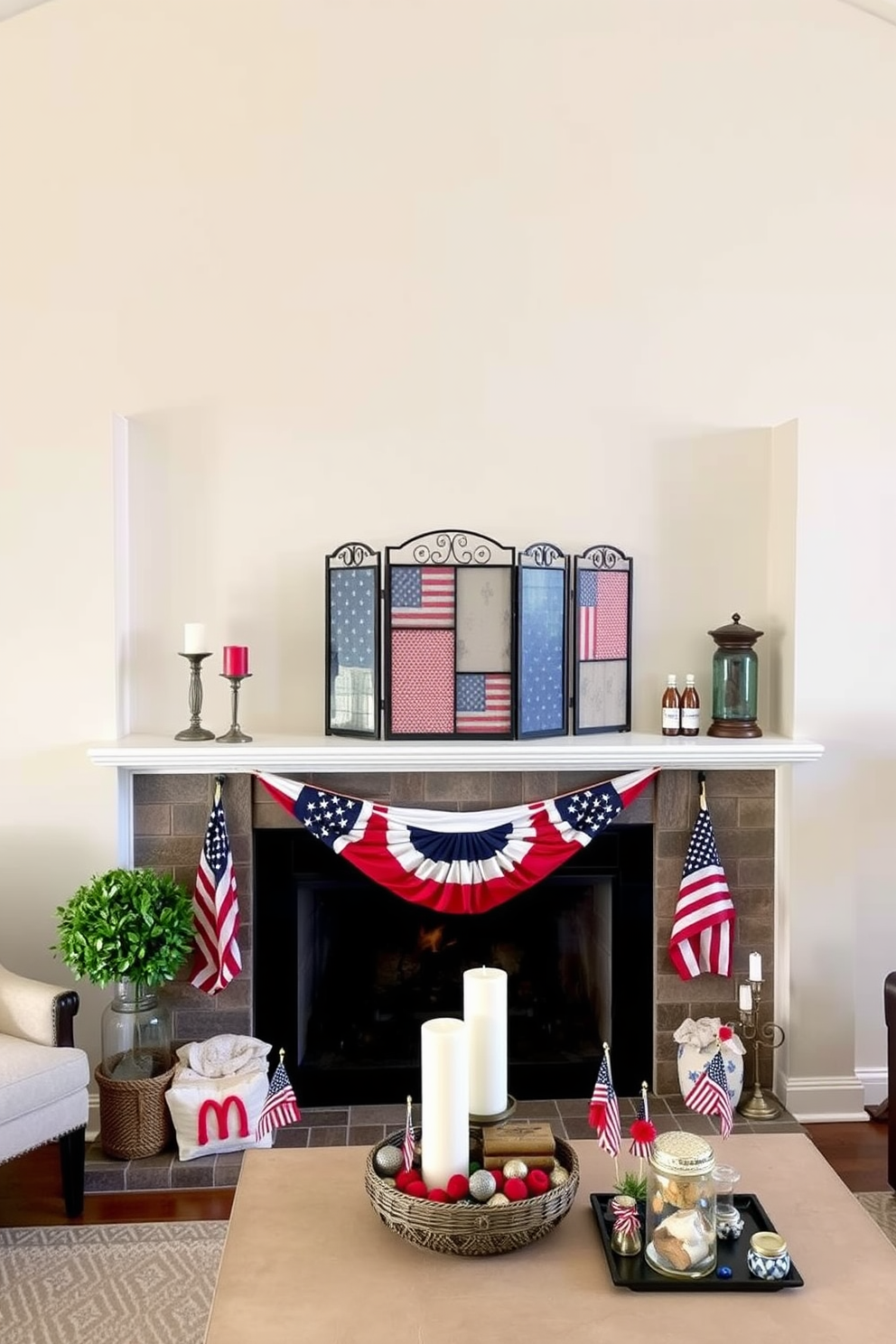 A cozy living room featuring a fireplace adorned with a decorative screen showcasing patriotic patterns. The mantel is tastefully decorated with red white and blue accents including candles and small flags for a festive Memorial Day atmosphere.