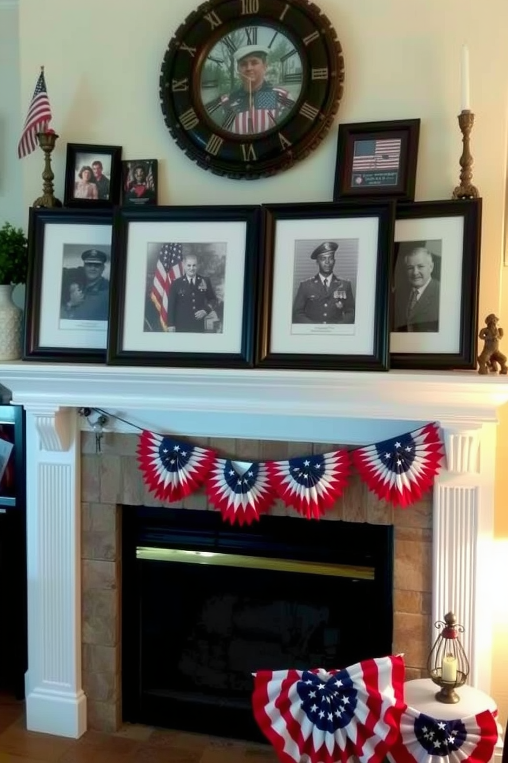 Framed photos of veterans are displayed on the mantel, honoring their service and sacrifice. The fireplace is adorned with patriotic decorations, including red, white, and blue accents to celebrate Memorial Day.