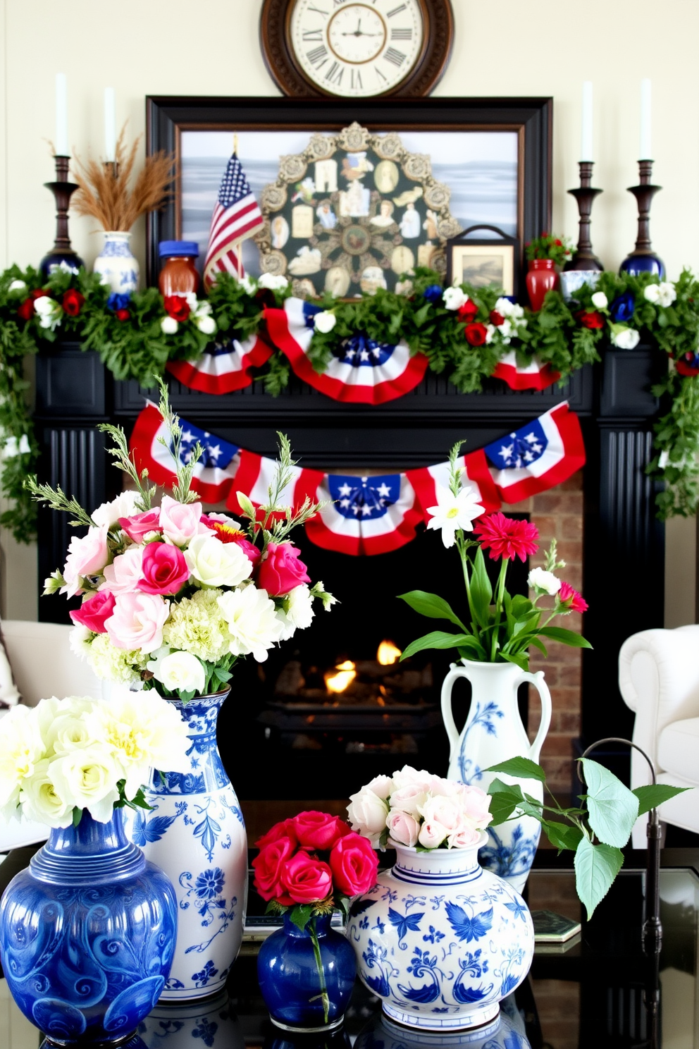 A cozy living room setting adorned with blue and white ceramic vases filled with fresh flowers. The fireplace is elegantly decorated for Memorial Day with a garland of red white and blue accents draped across the mantel.