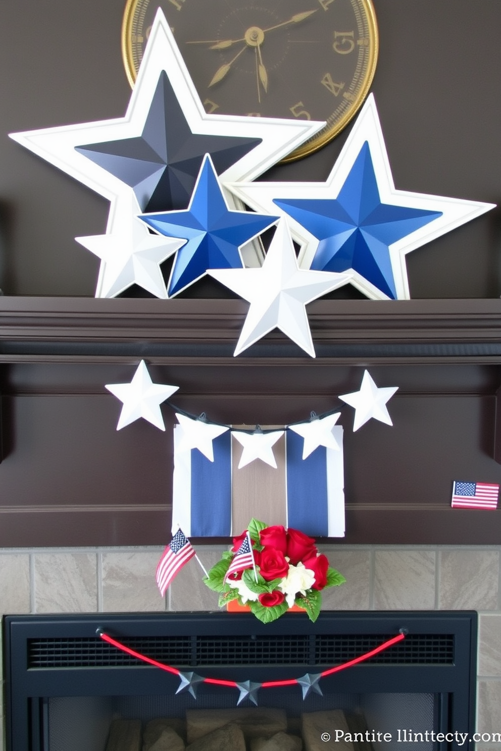 Star shaped decor pieces are elegantly arranged on the mantel, creating a festive atmosphere for Memorial Day. The fireplace is adorned with red white and blue accents, including small flags and seasonal flowers to honor the occasion.