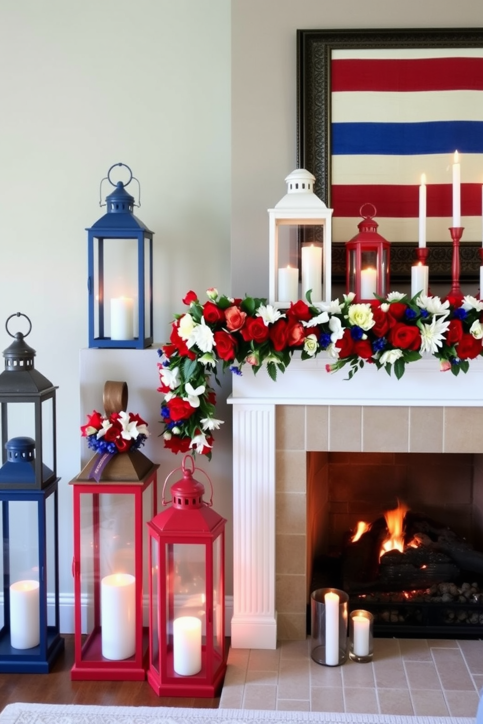 Decorative lanterns in red white and blue are placed strategically around the fireplace creating a festive atmosphere. The lanterns vary in size and design adding visual interest while complementing the patriotic theme. The fireplace is adorned with a garland of fresh flowers in flag colors enhancing the overall decor. Candles in matching hues are arranged on the mantel providing a warm and inviting glow to the space.