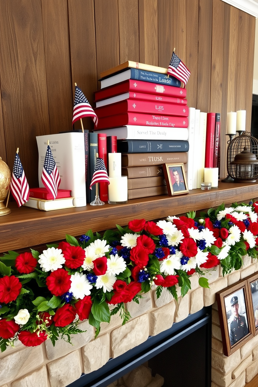 A patriotic themed display features an array of books stacked decoratively in red white and blue colors. The books are arranged on a rustic wooden shelf with small American flags and stars placed strategically around them. For Memorial Day fireplace decorating ideas a garland of red white and blue flowers drapes elegantly across the mantel. Complement the look with candles in glass holders and framed photos of military heroes to honor their memory.