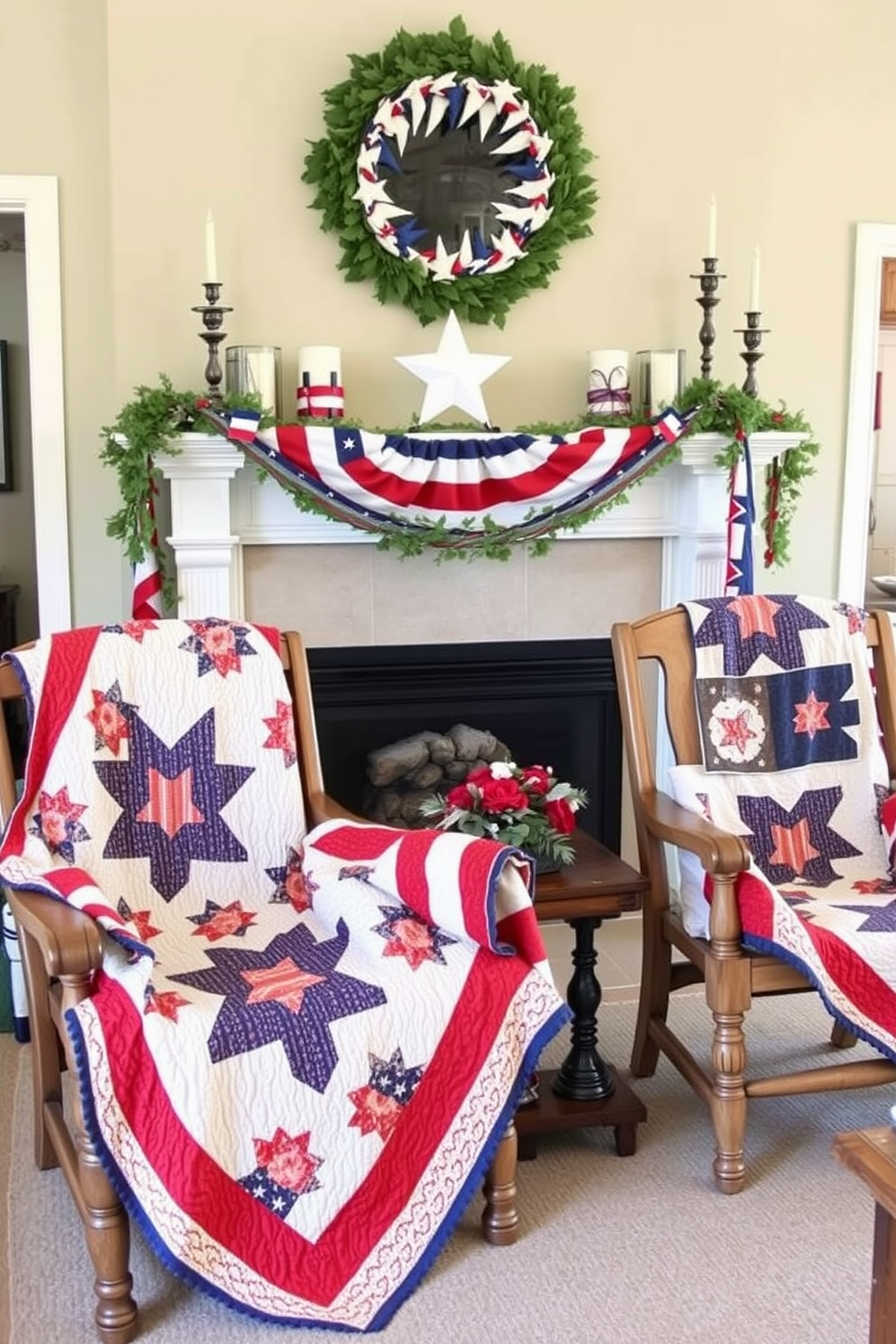 A cozy living room setting adorned with red white and blue quilts draped over rustic wooden chairs. The fireplace is elegantly decorated with patriotic-themed accessories, including a garland of stars and stripes, creating a warm and inviting atmosphere for Memorial Day.