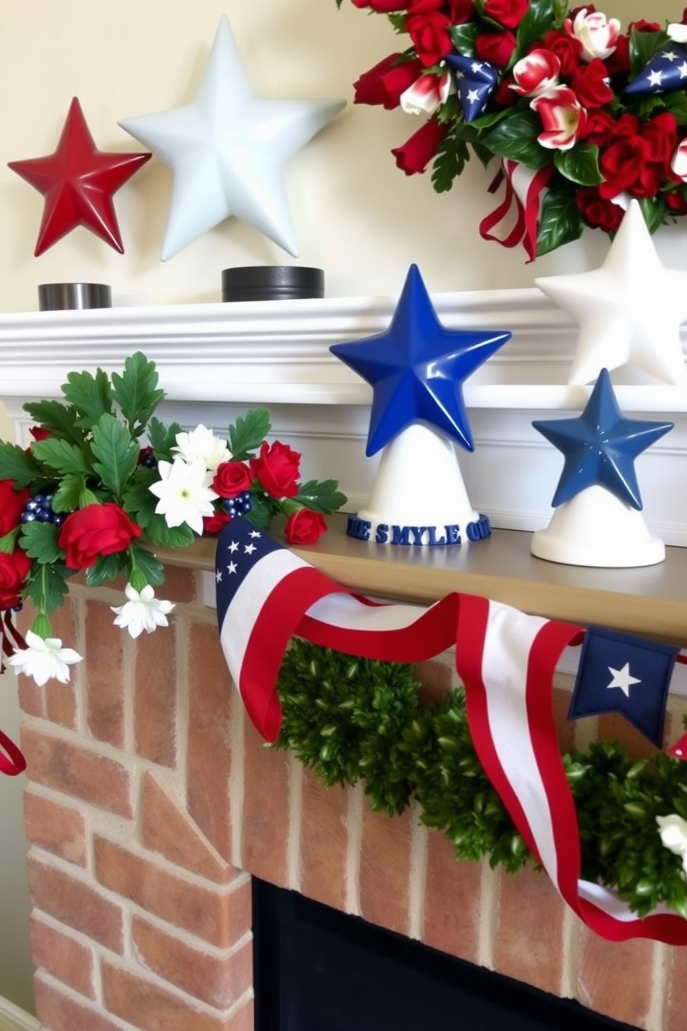 Create a cozy fireplace setting for Memorial Day featuring ceramic stars and stripes figurines. The fireplace is adorned with a garland of red white and blue flowers and the figurines are strategically placed on the mantel to enhance the patriotic theme.