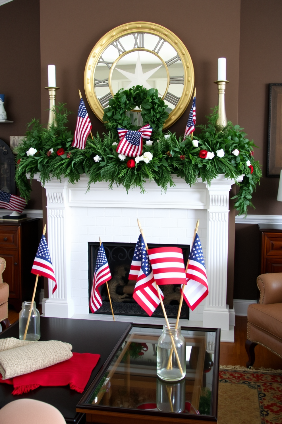 A cozy living room adorned with vintage American flags displayed in glass jars. The fireplace is elegantly decorated with a garland of greenery, interspersed with red, white, and blue accents for a festive Memorial Day atmosphere.